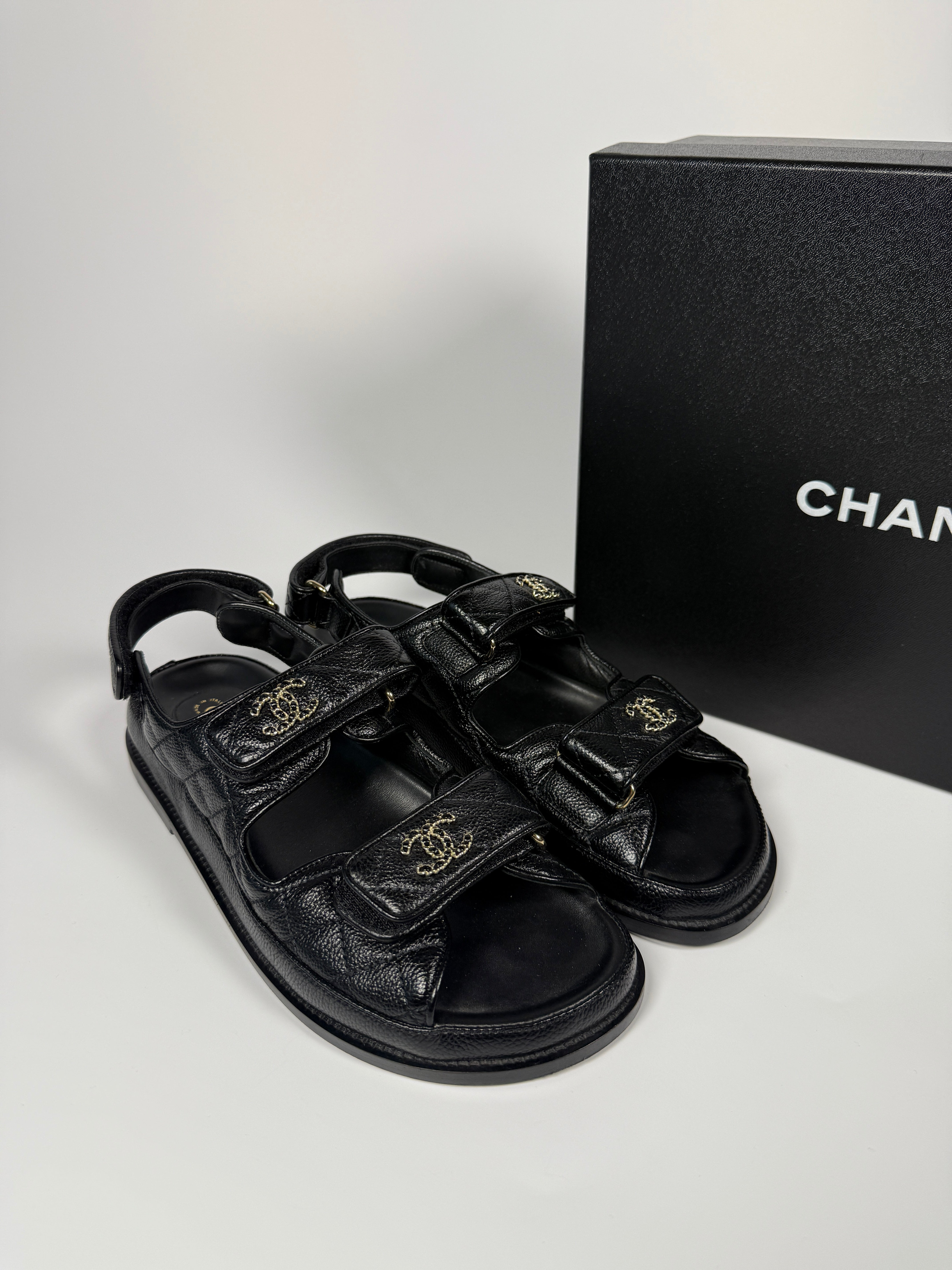 Chanel Black Leather Dad Sandals (Size 38.5/UK5.5) 100% Authentic and preloved. Excellent condition