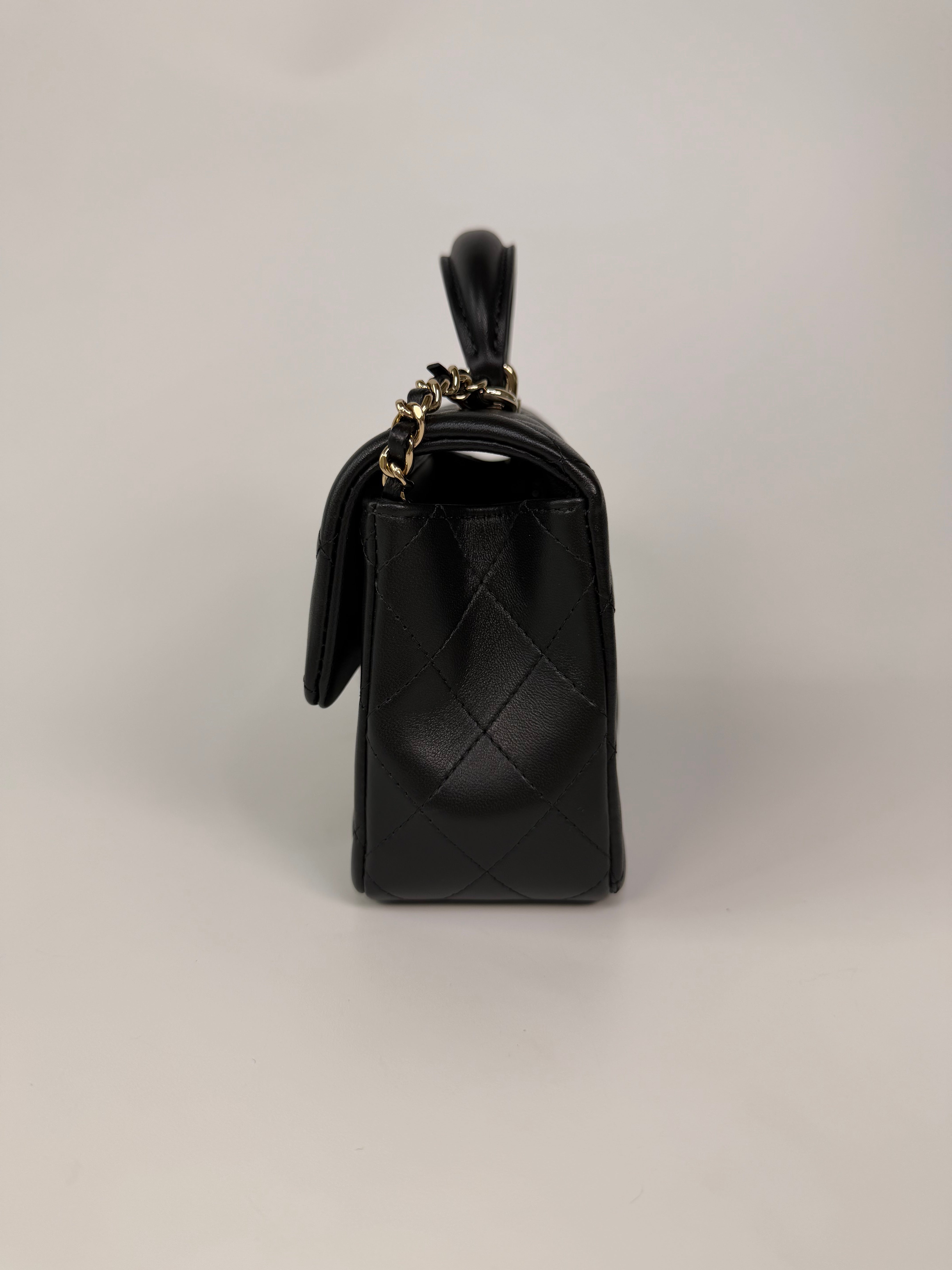 Chanel Mini Rectangle Top Handle In Black Lambskin Leather With Pale Gold Hardware