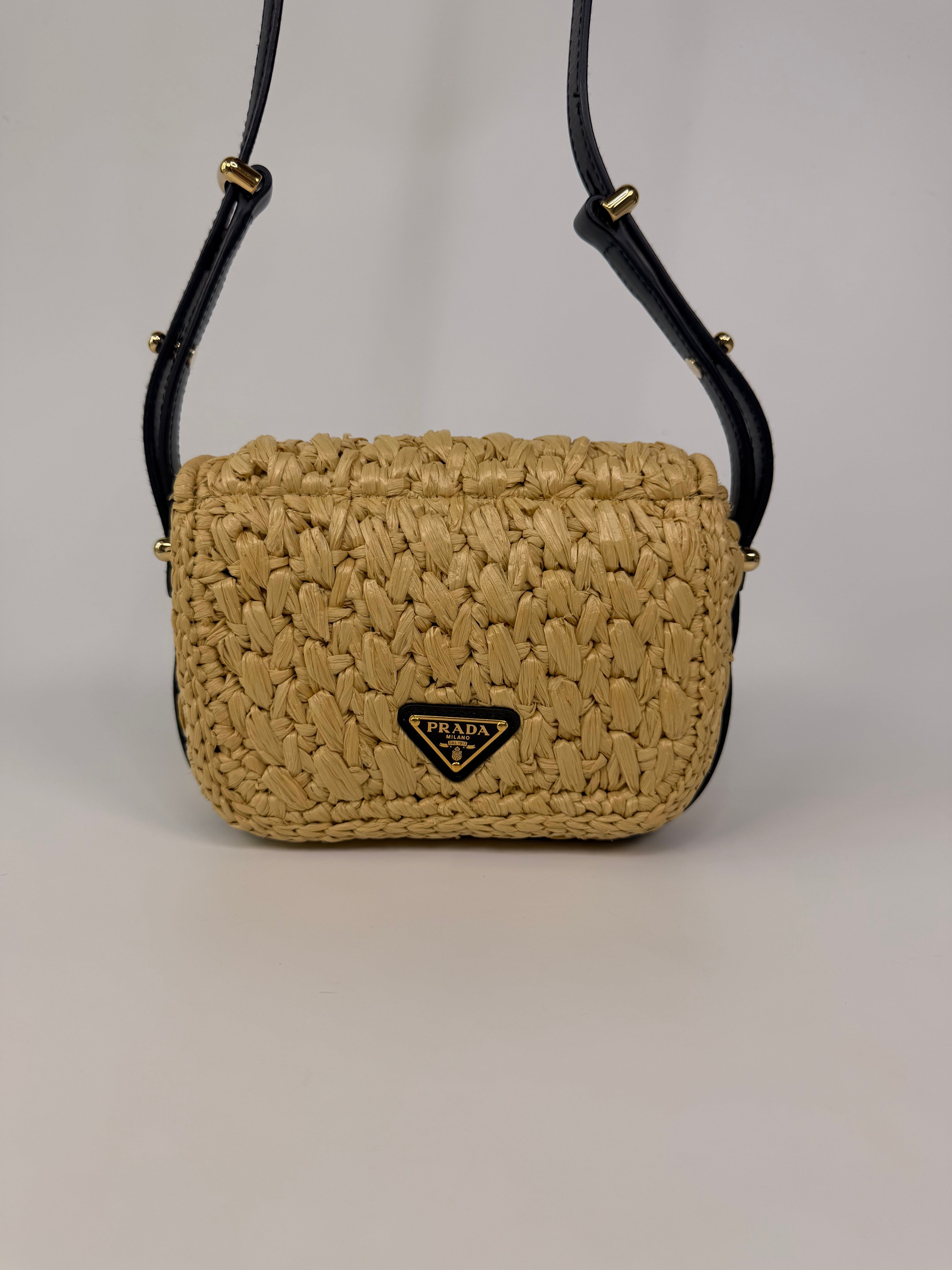 Prada Small Logo Shoulder Bag In Natural Raffia With Gold Hardware