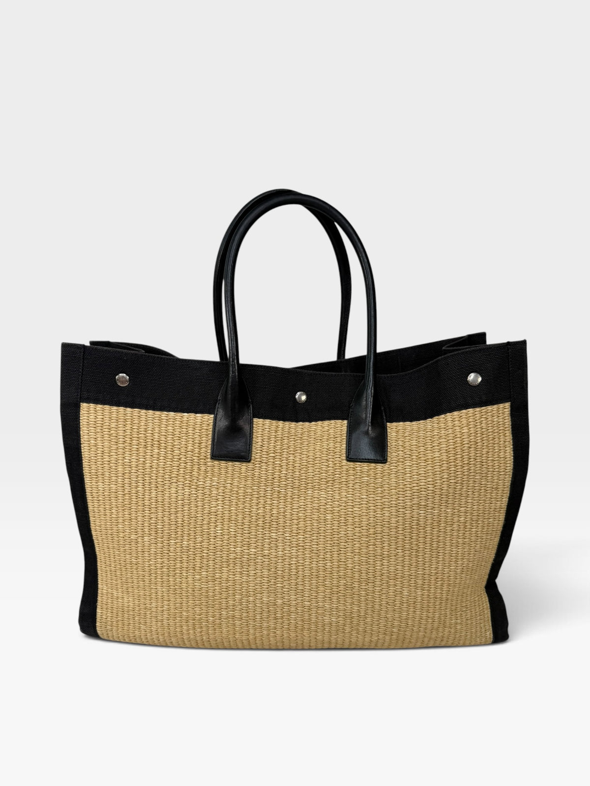 Saint Laurent Rive Gauche Tote In Natural and Black Raffia. 100% authentic and preloved in excellent condition