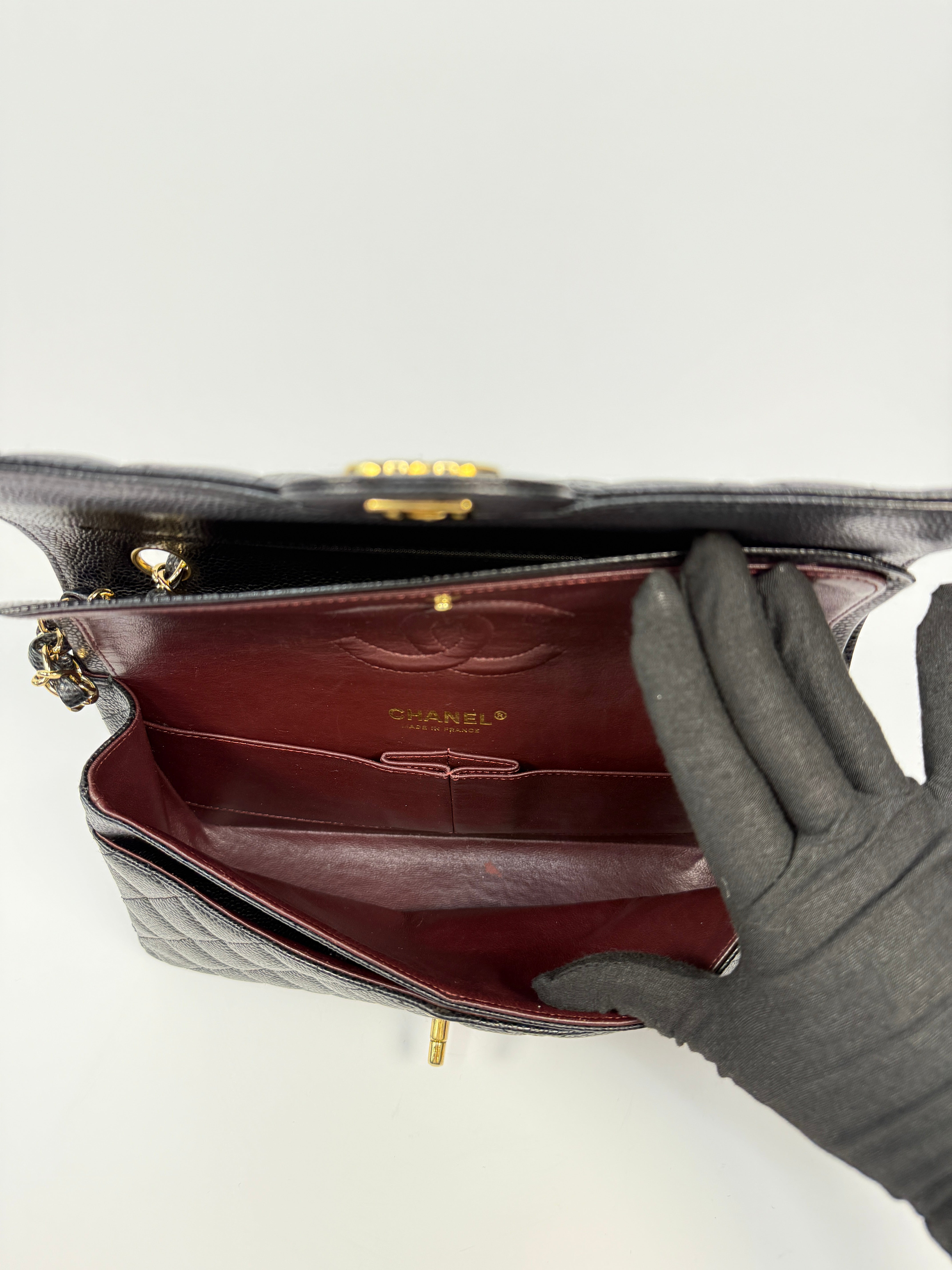 Chanel Medium Classic Double Flap Black Caviar With Gold Hardware, Authentic And Preloved In Excellent Condition 