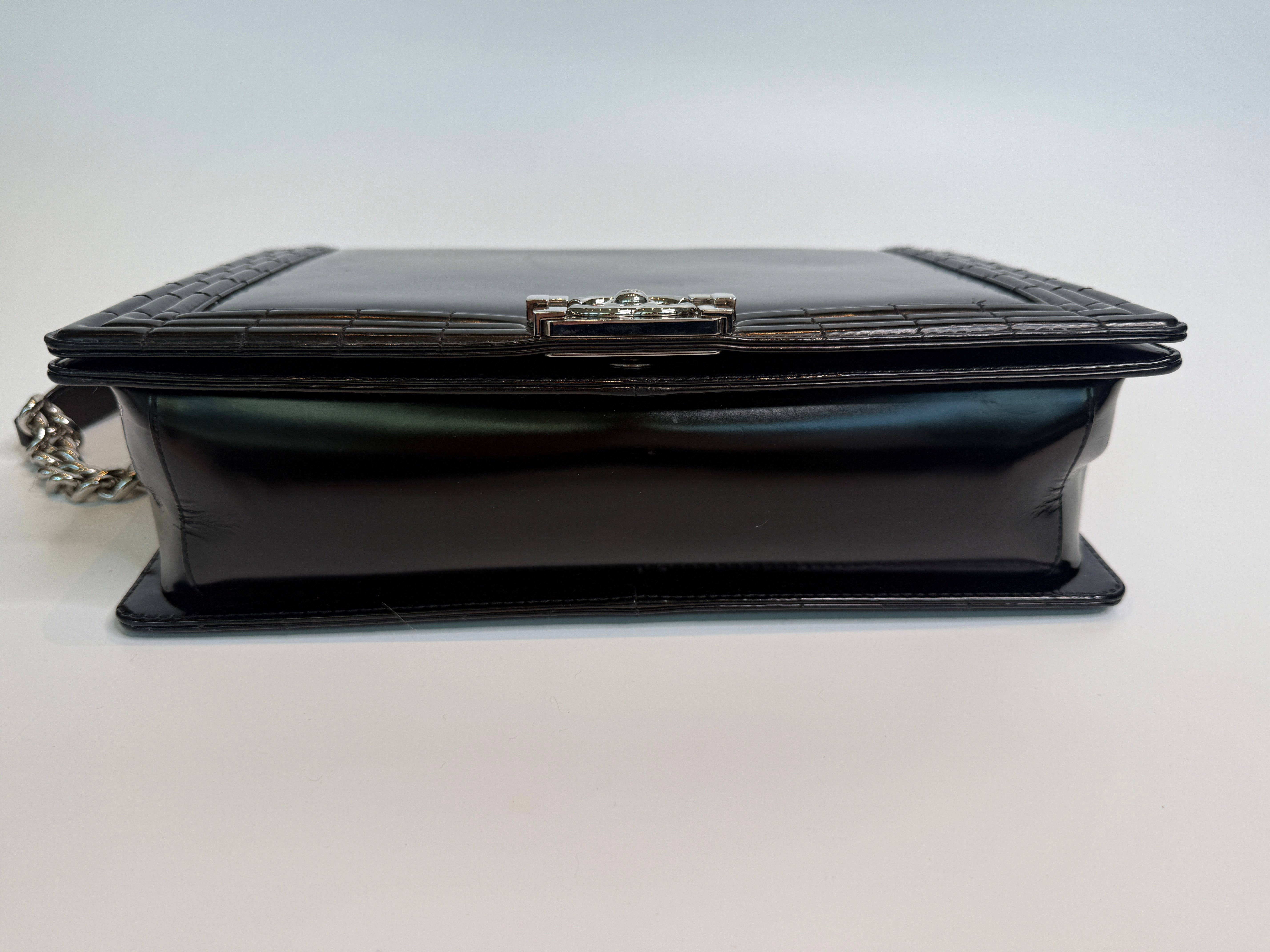 Authentic Pre Loved Chanel Large Boy Bag In Black Patent Leather With Silver Hardware