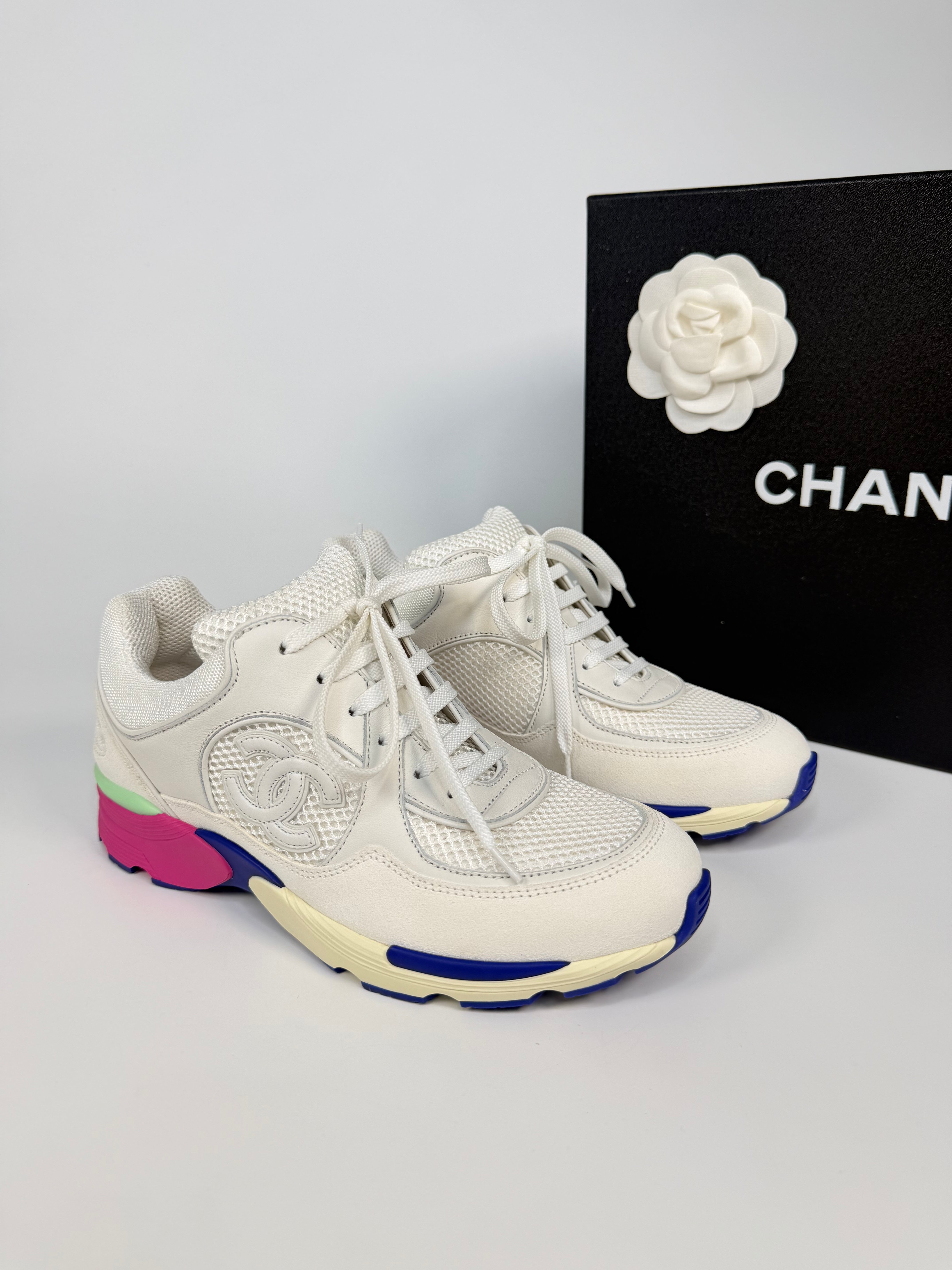 Chanel CC Sneakers In White Multicolour (Size 36.5/ UK 3.5). 100% authentic and preloved in excellent condition.