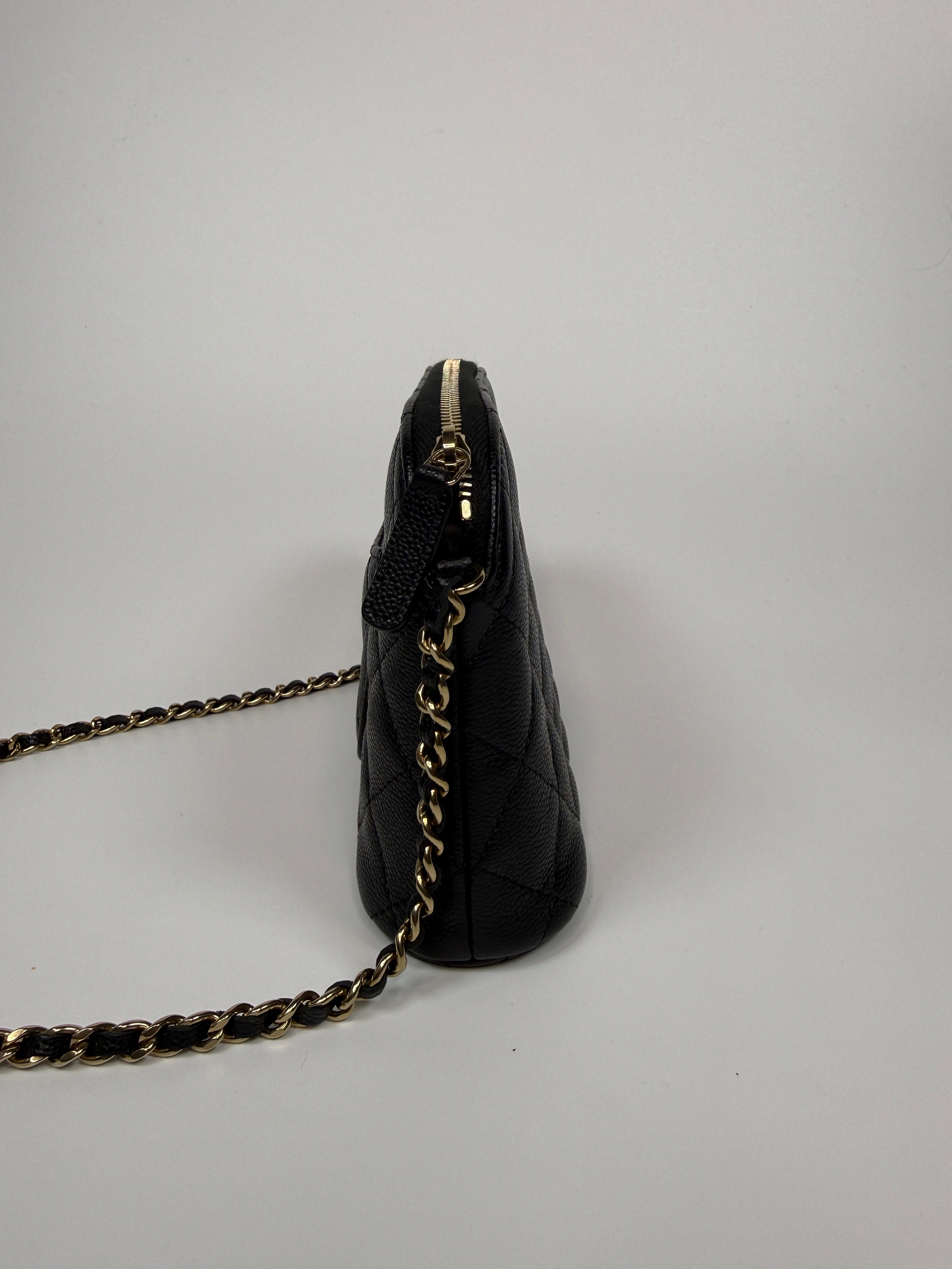 Chanel Mini Clutch On Chain Bag In Black Caviar Leather With Gold Hardware Authentic and preloved in Excellent Condition. 100% Authenticity guarantee 