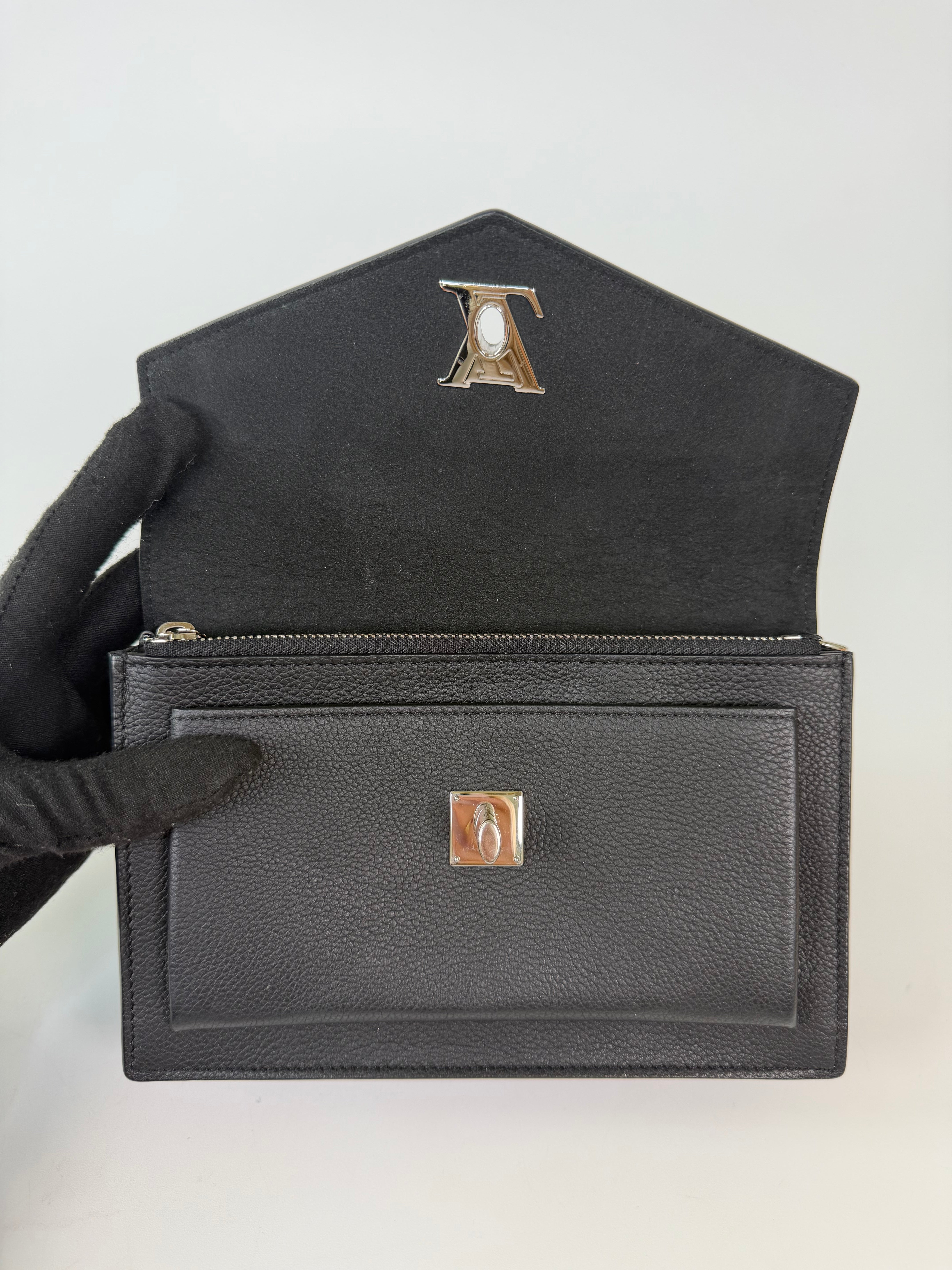 Louis Vuitton Pochette Chain MyLockMe In Black Leather With Silver Hardware in excellent condition 100% authentic and preloved 