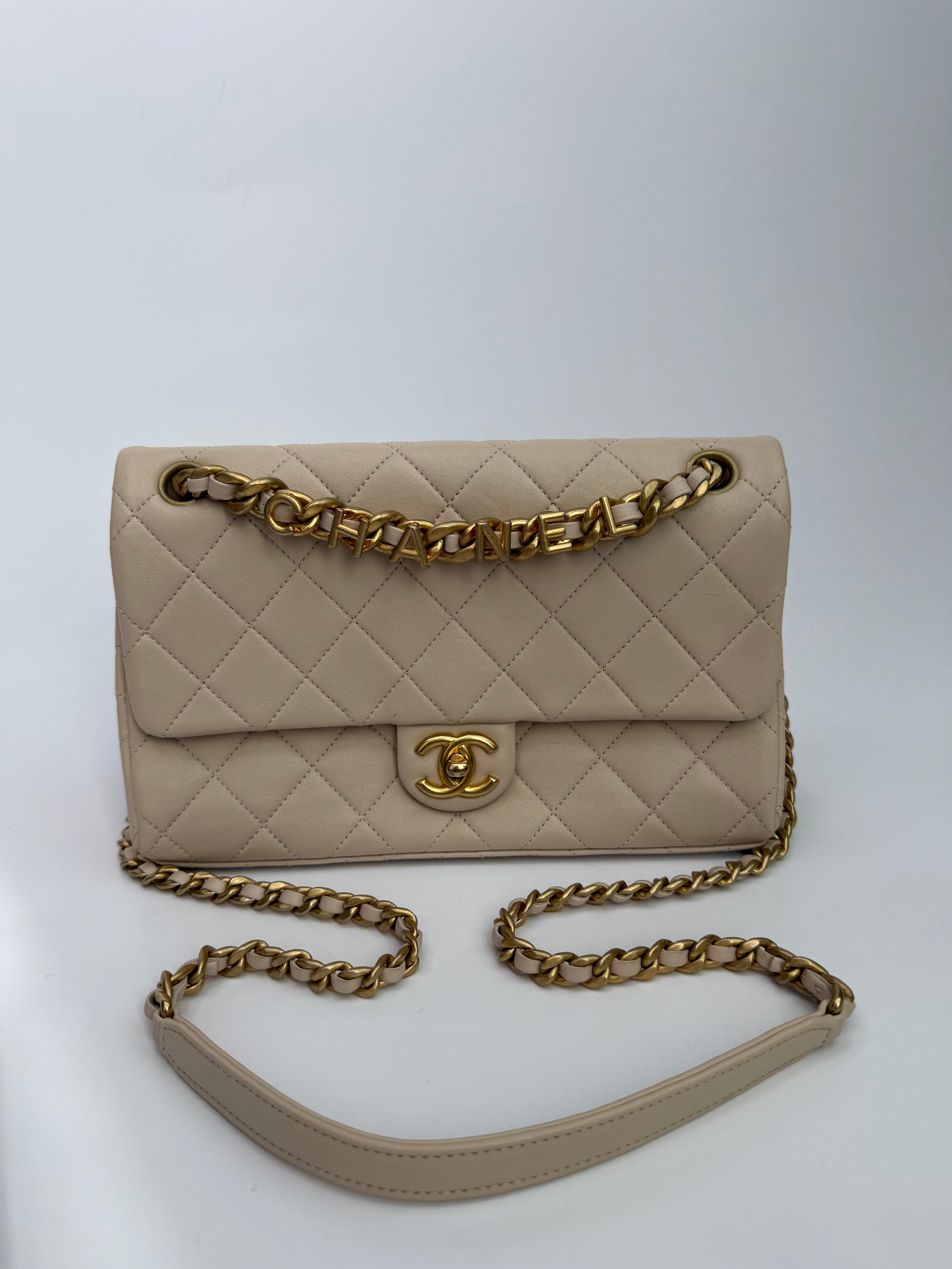 Chanel Medium Quilted Lambskin Logo Letters Touch Chain Flap Bag
