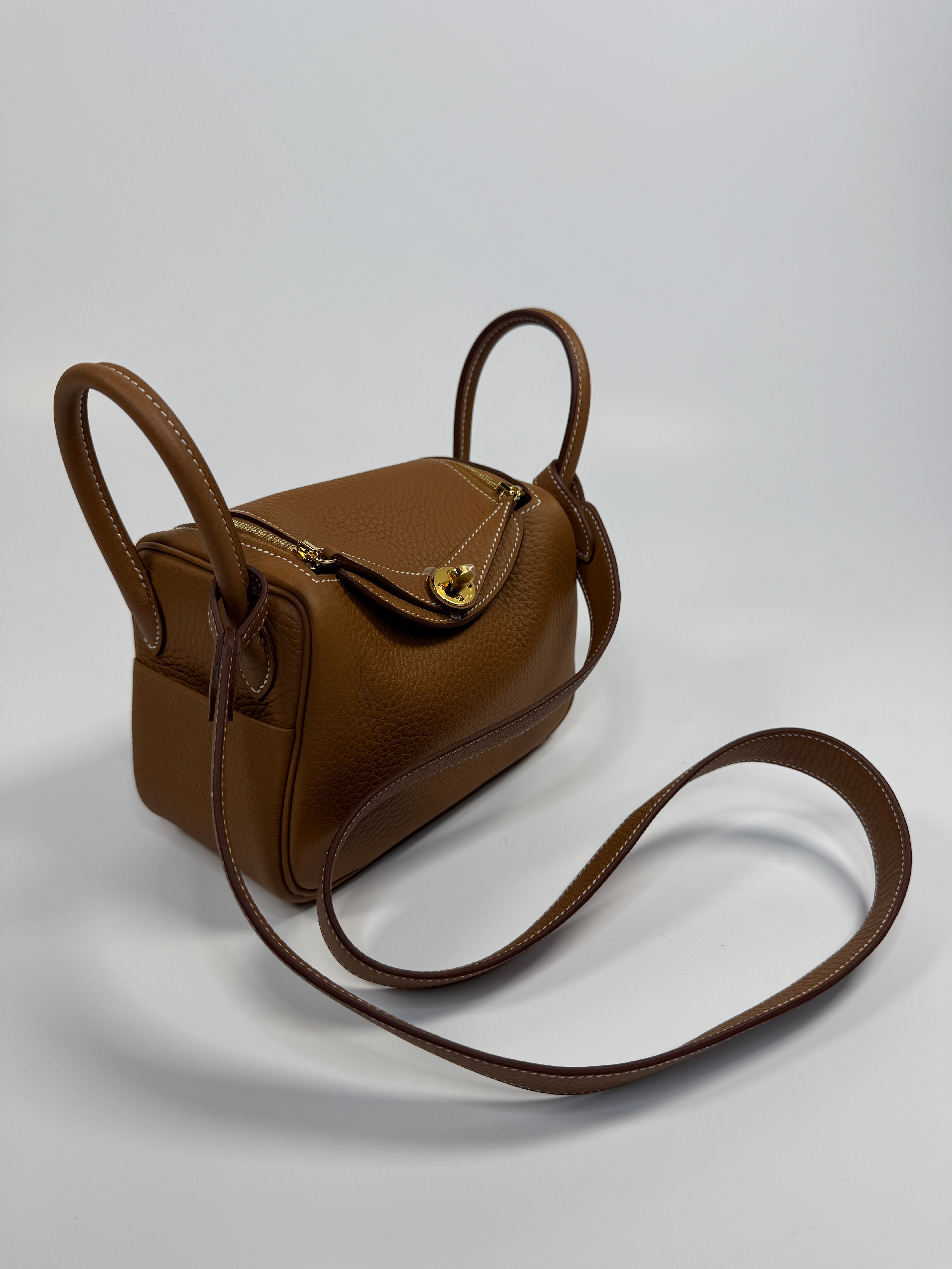 Hermès Mini Lindy In Gold Clemence Leather With Gold Hardware Authentic New & Unused