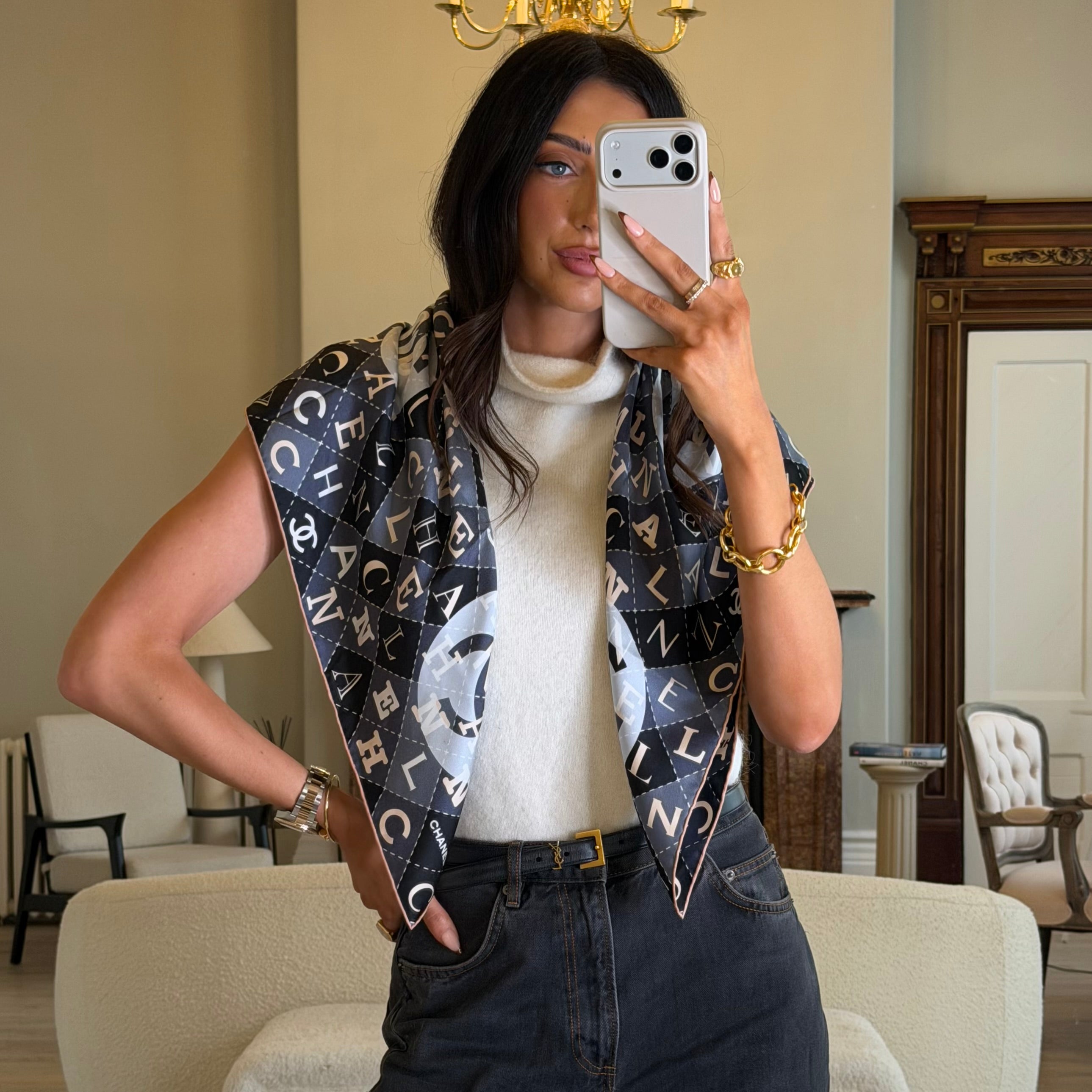 Chanel Silk CC Scarf In Navy And Nude Monogram, Authentic And Preloved In Excellent Condition