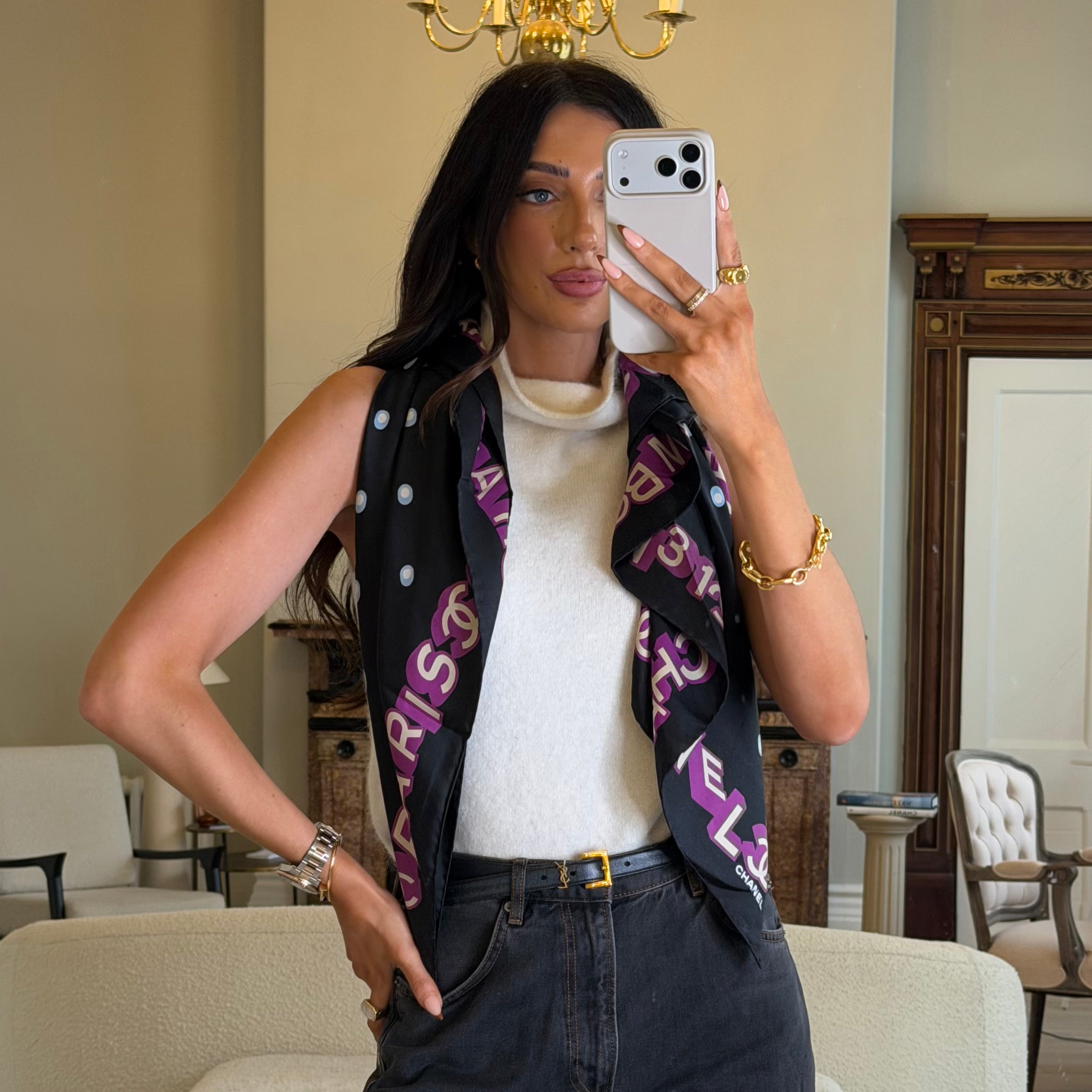 Chanel Silk Coco Scarf In Navy And Fuchsia Polka Dot, Authentic And Preloved In Excellent Condition