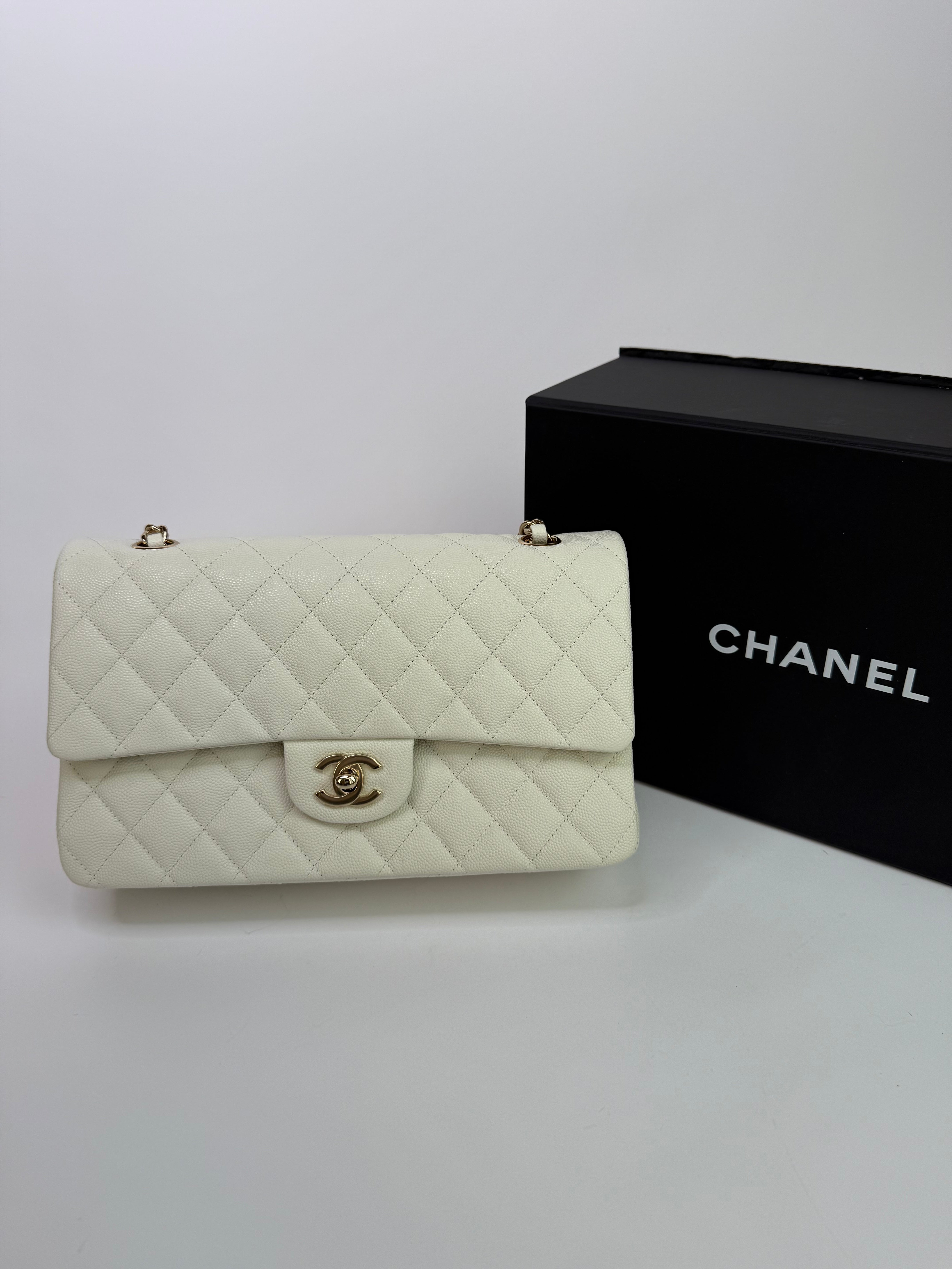 Chanel Medium Classic Double Flap White Caviar Leather With GHW