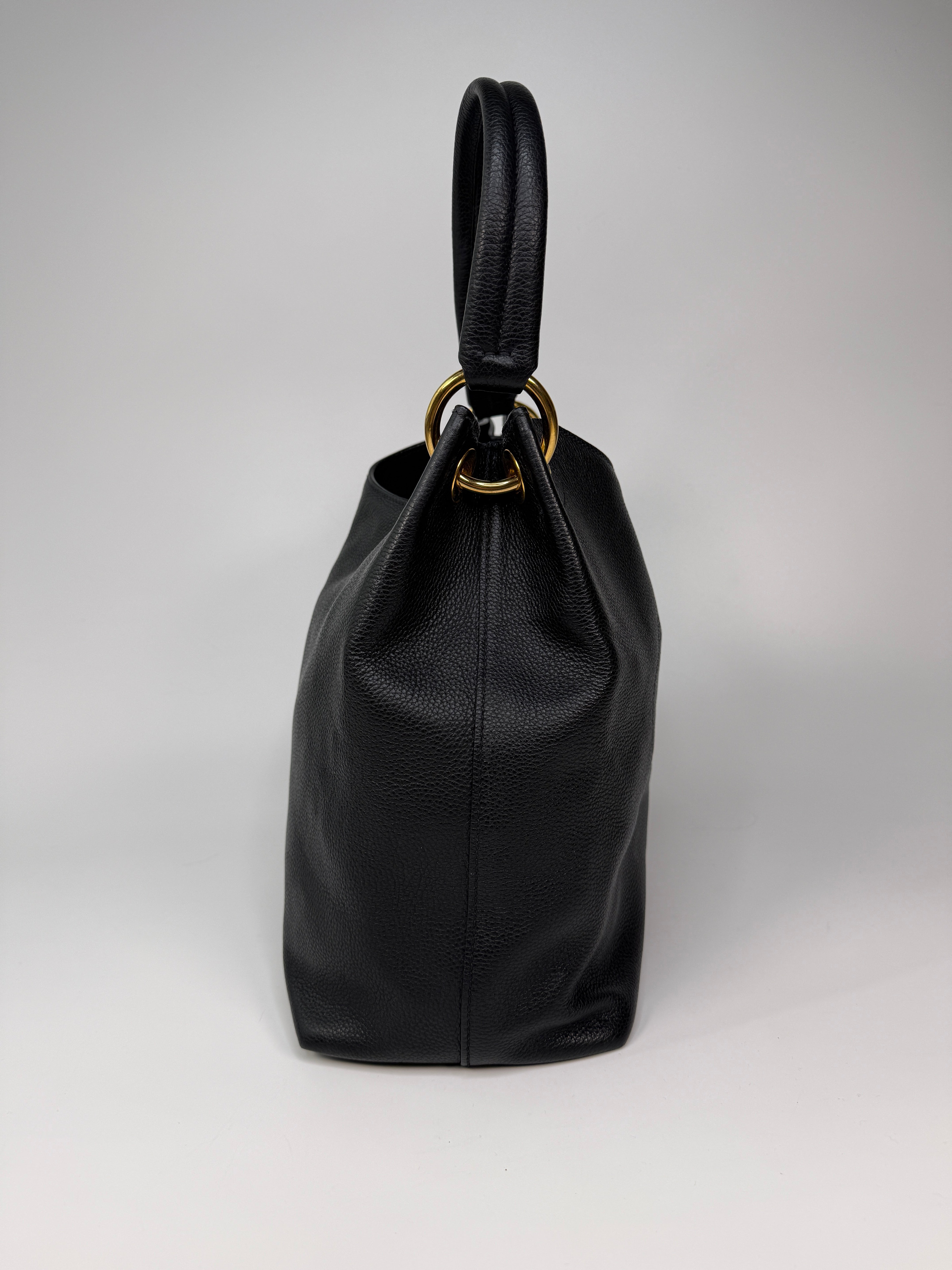 Prada Vitello Phenix Black Leather Logo Embossed Hobo Tote Bag