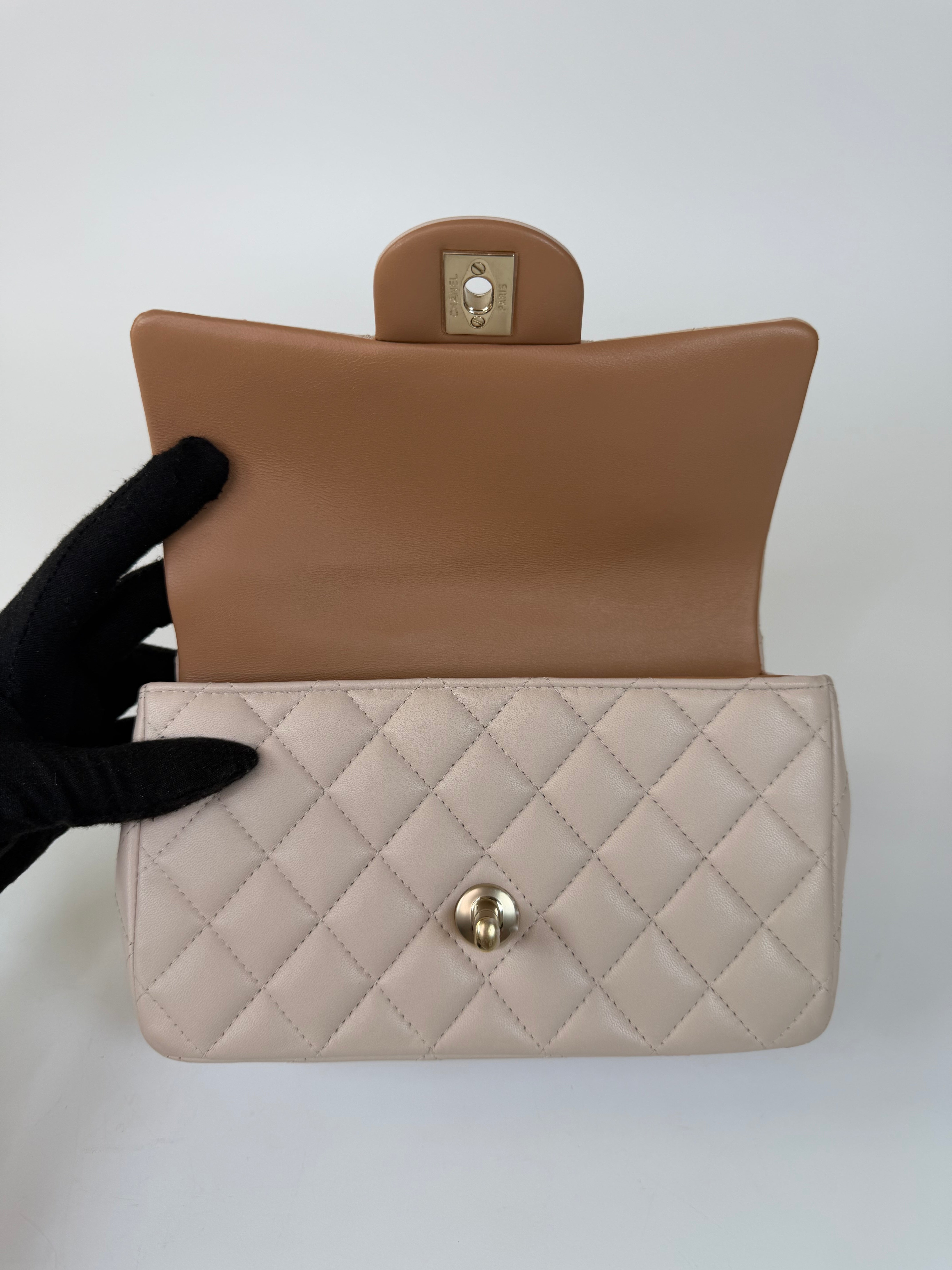 Chanel Mini Rectangle Top Handle Light Beige Lambskin Pale Gold Hardware in excellent condition 100% authentic and preloved