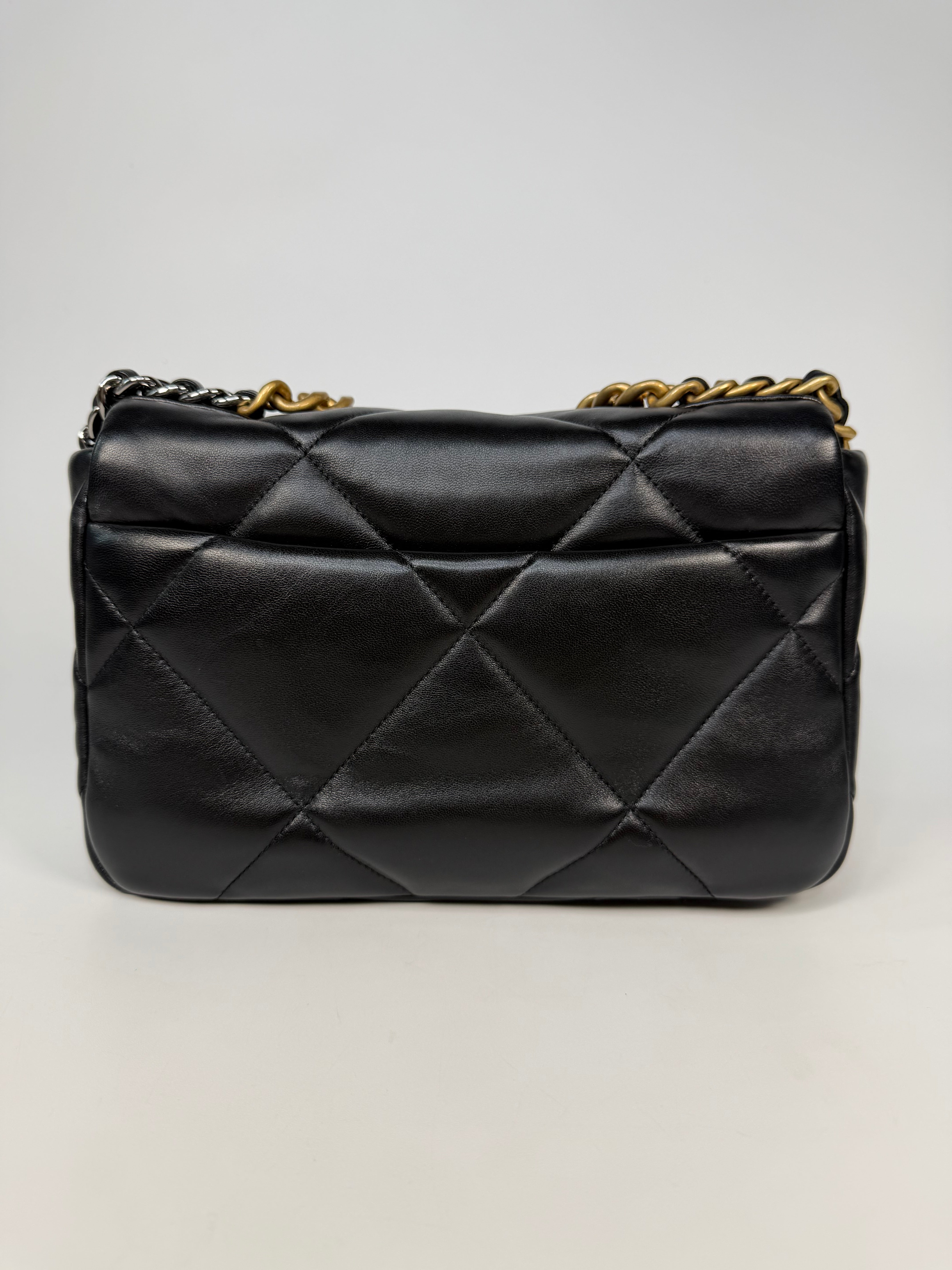 Chanel 19 Small In Black & White Leather With Mixed Hardware. Authentic and preloved in very good condition. Verified by Luxe Cheshire.