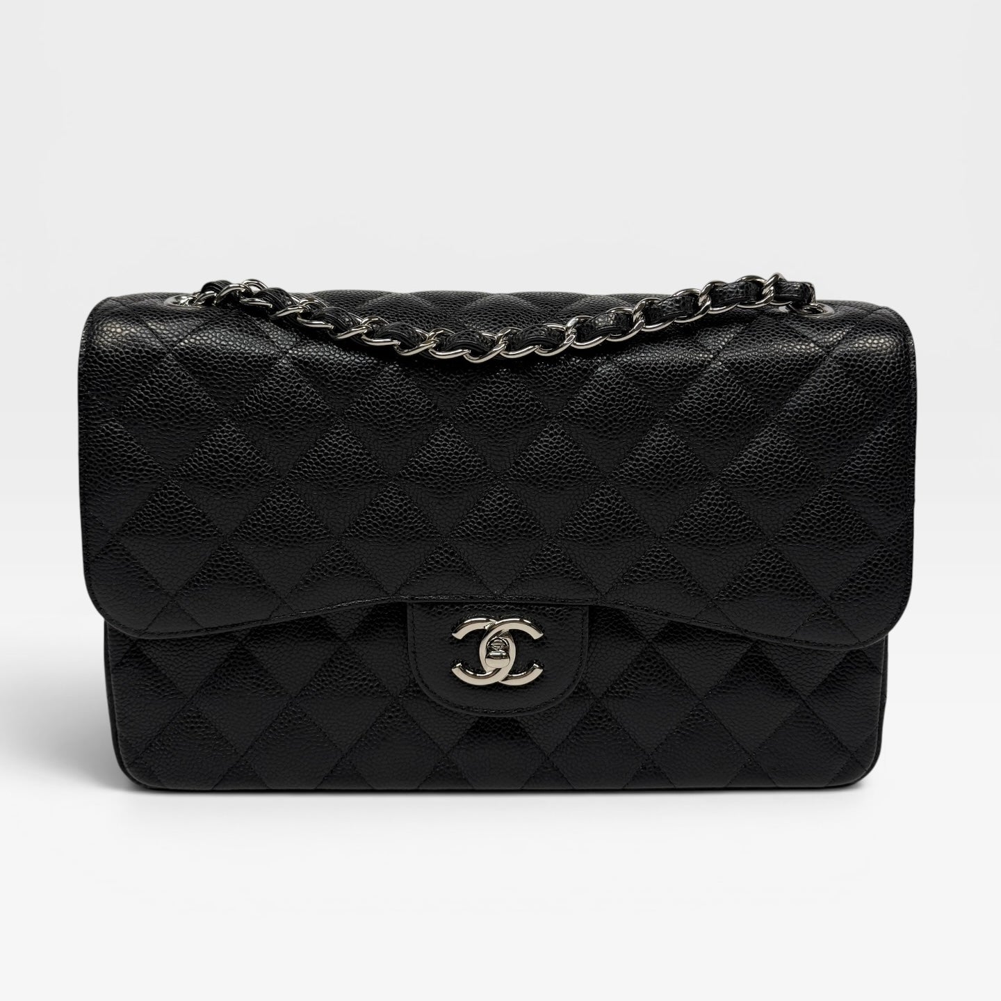 Chanel Classic Jumbo Flap Bag In Black Caviar Leather With Silver Hardware