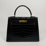 Hermès Vintage Kelly 28 In Shiny Black Crocodile With GHW