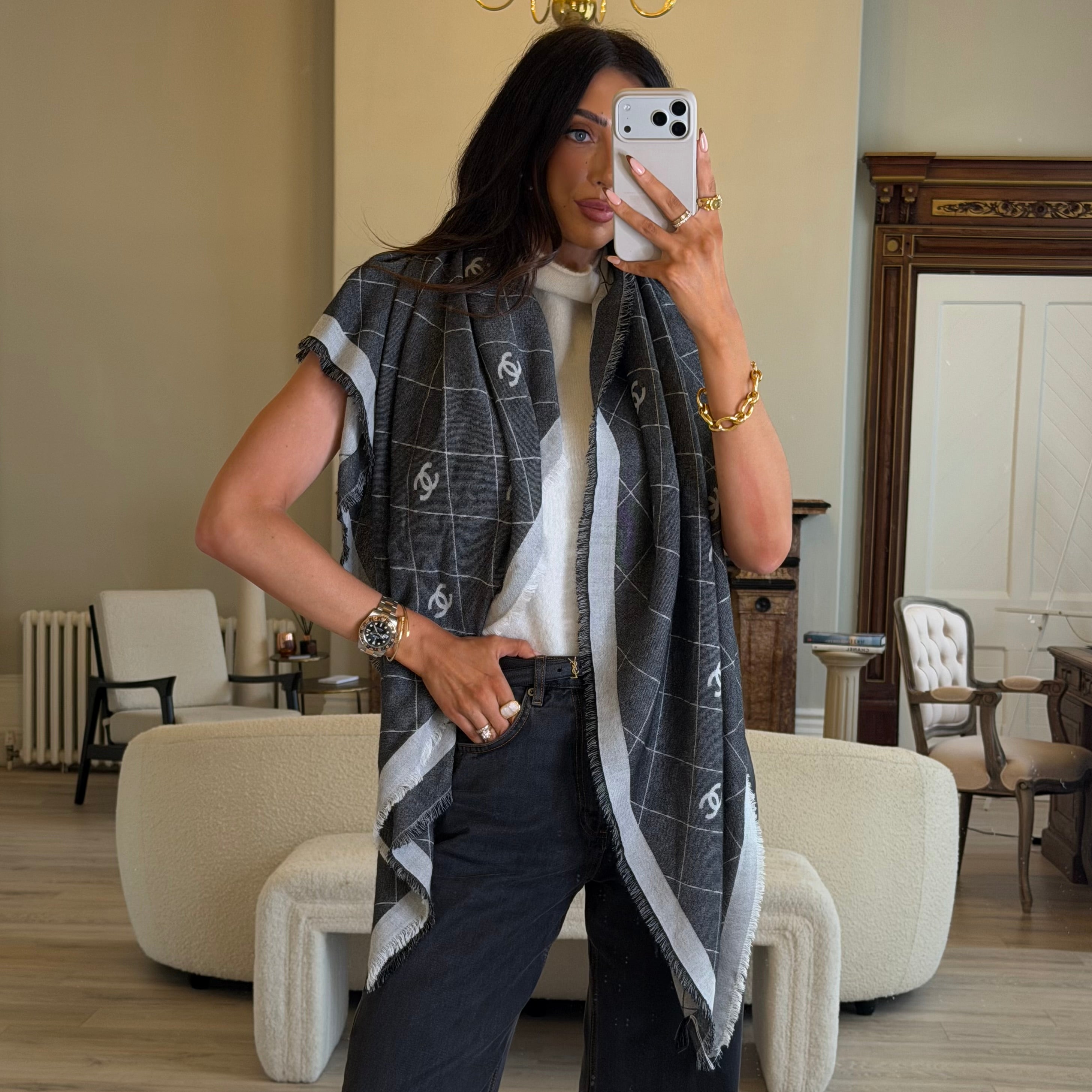 Chanel Large CC Shawl In Grey Monogram, Authentic And Preloved In Excellent Condition