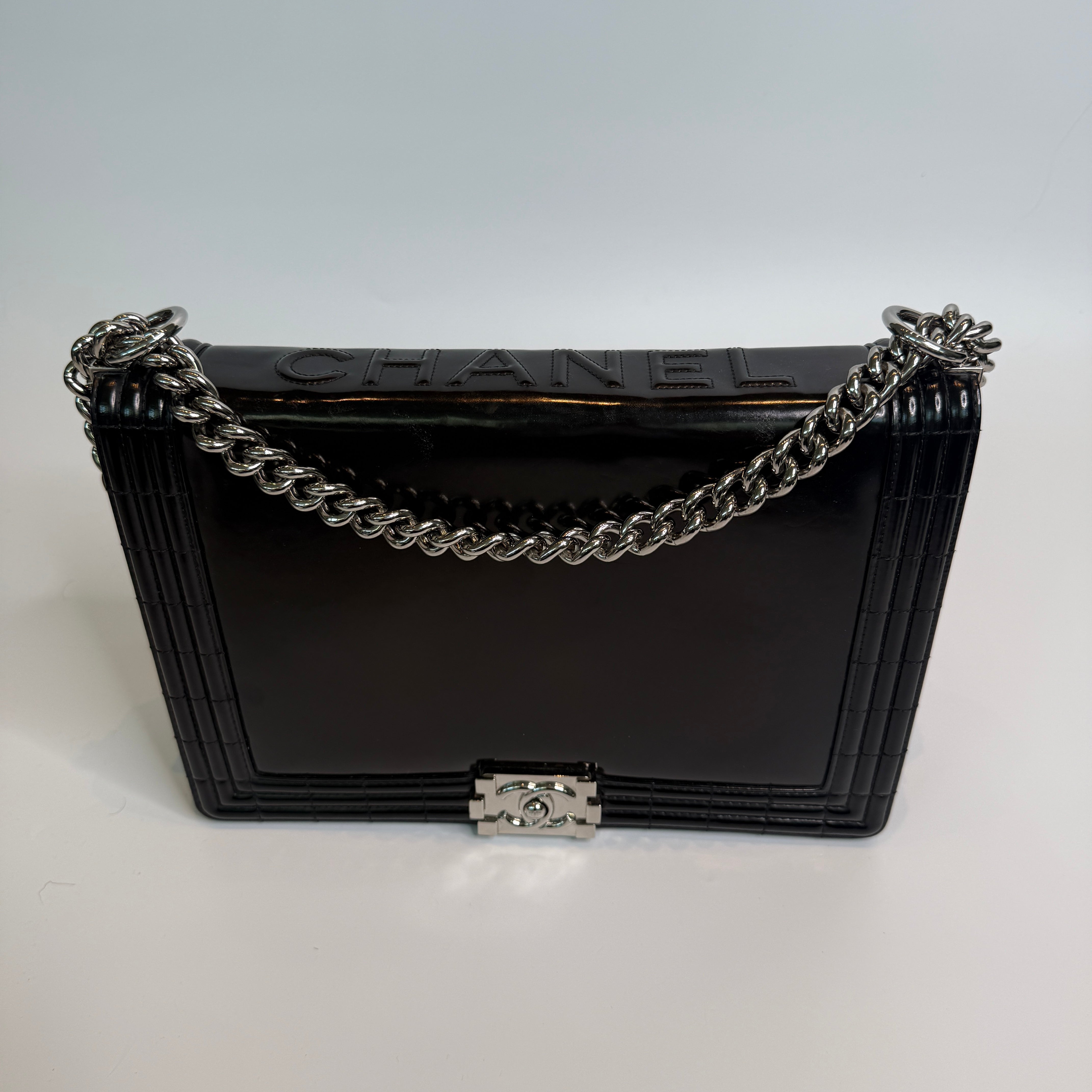 Authentic Pre Loved Chanel Large Boy Bag In Black Patent Leather With Silver Hardware