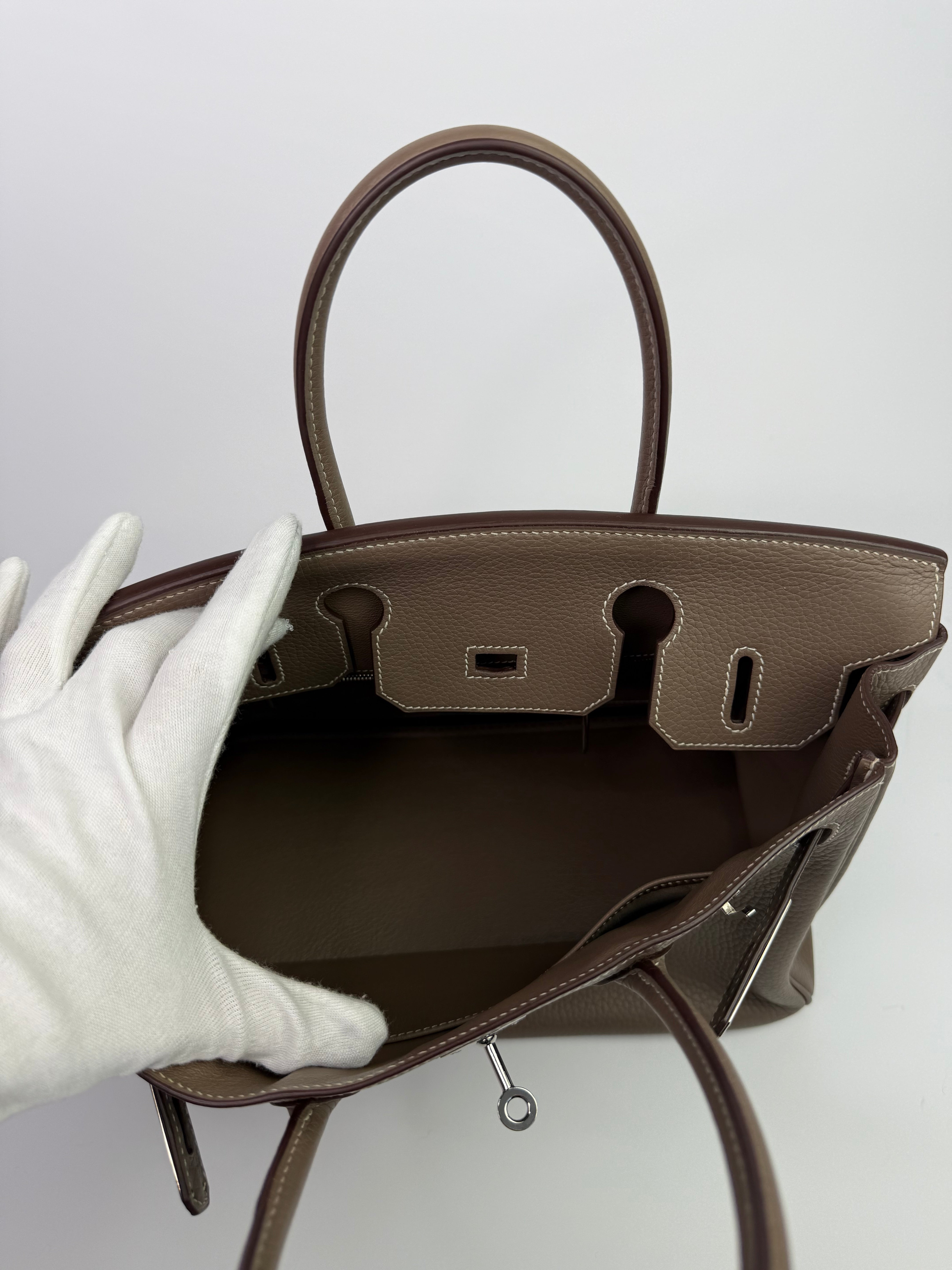 Authentic Pre Loved Hermès Birkin 30 In Etoupe Clemence Leather With Palladium Hardware Excellent Condition