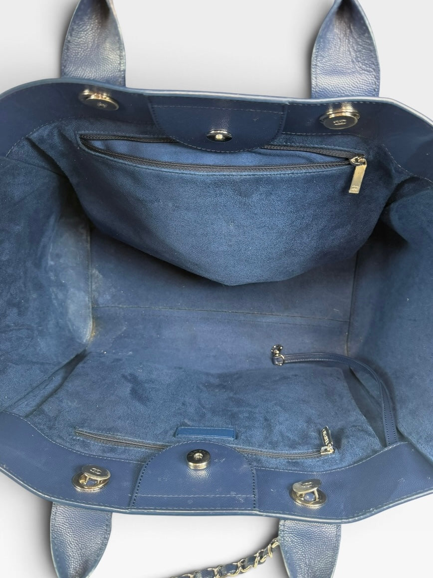 Chanel Medium Deauville In Blue Leather With Silver Hardware. Authentic and preloved in very good condition. 100% Luxe guarantee 
