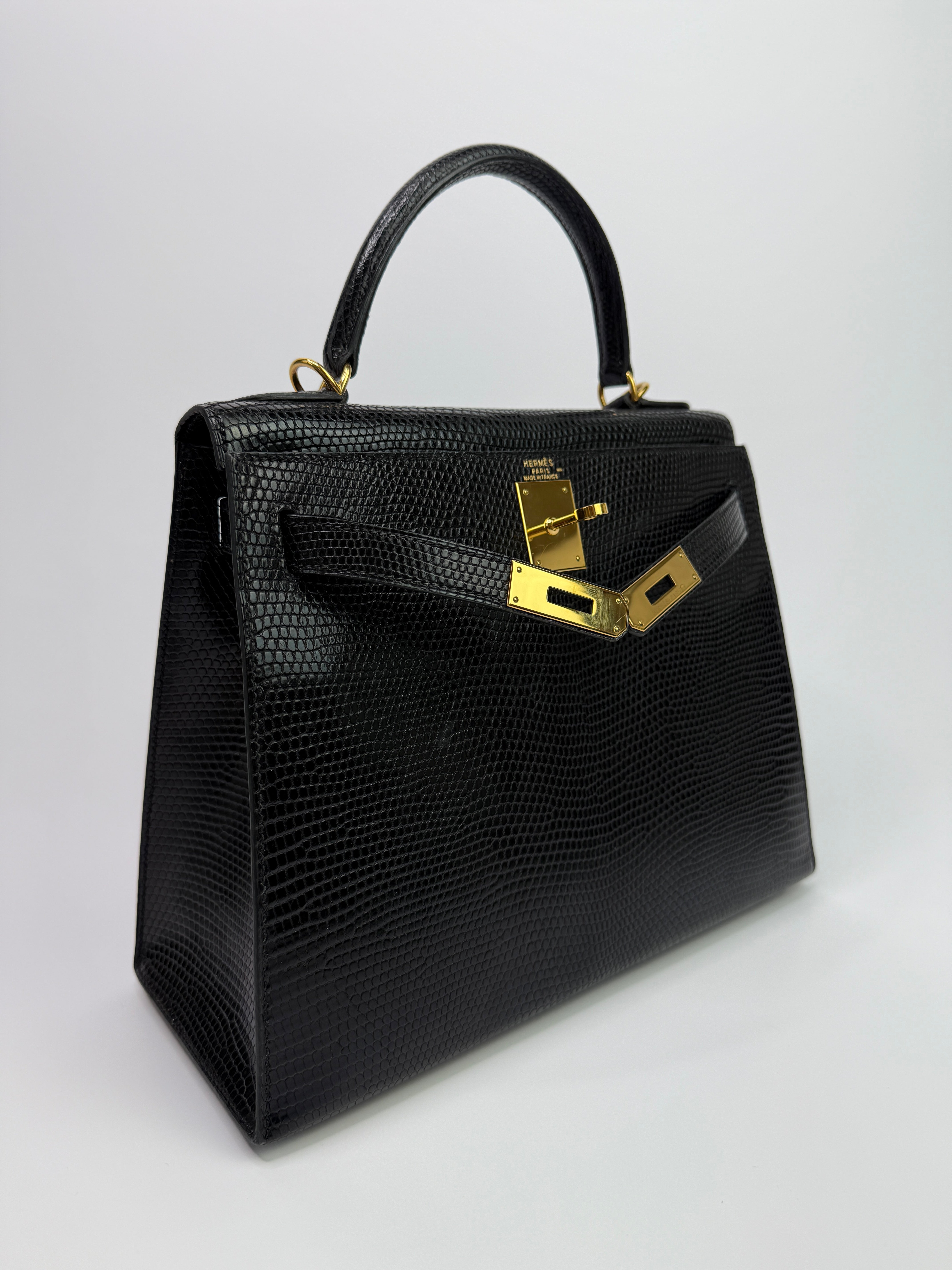 Hermès Vintage Kelly 28 In Black Lizard Leather With GHW