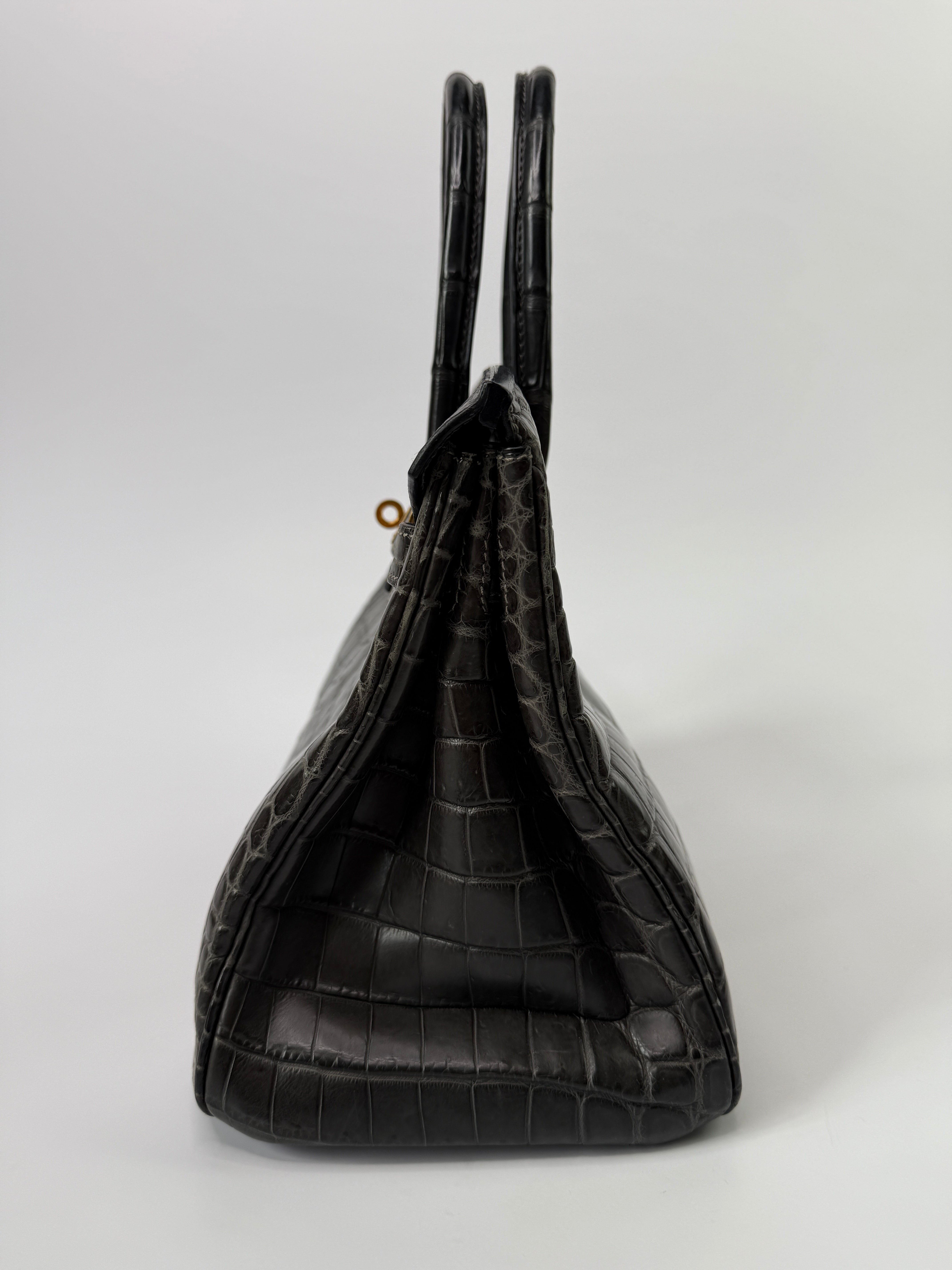 Authentic Pre Loved Hermès Birkin 30 In Matte Graphite Crocodile With Gold Hardware Excellent Condition