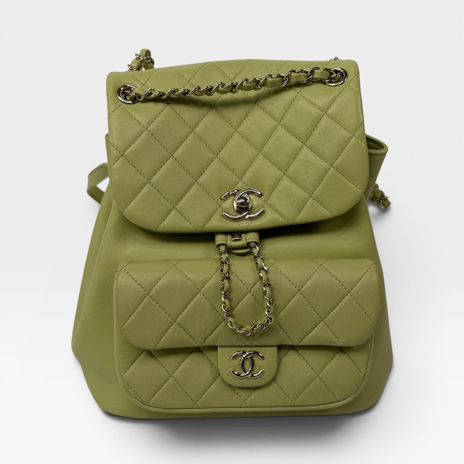 Chanel Duma Backpack In Green Calfskin Leather With Pale Gold Hardware