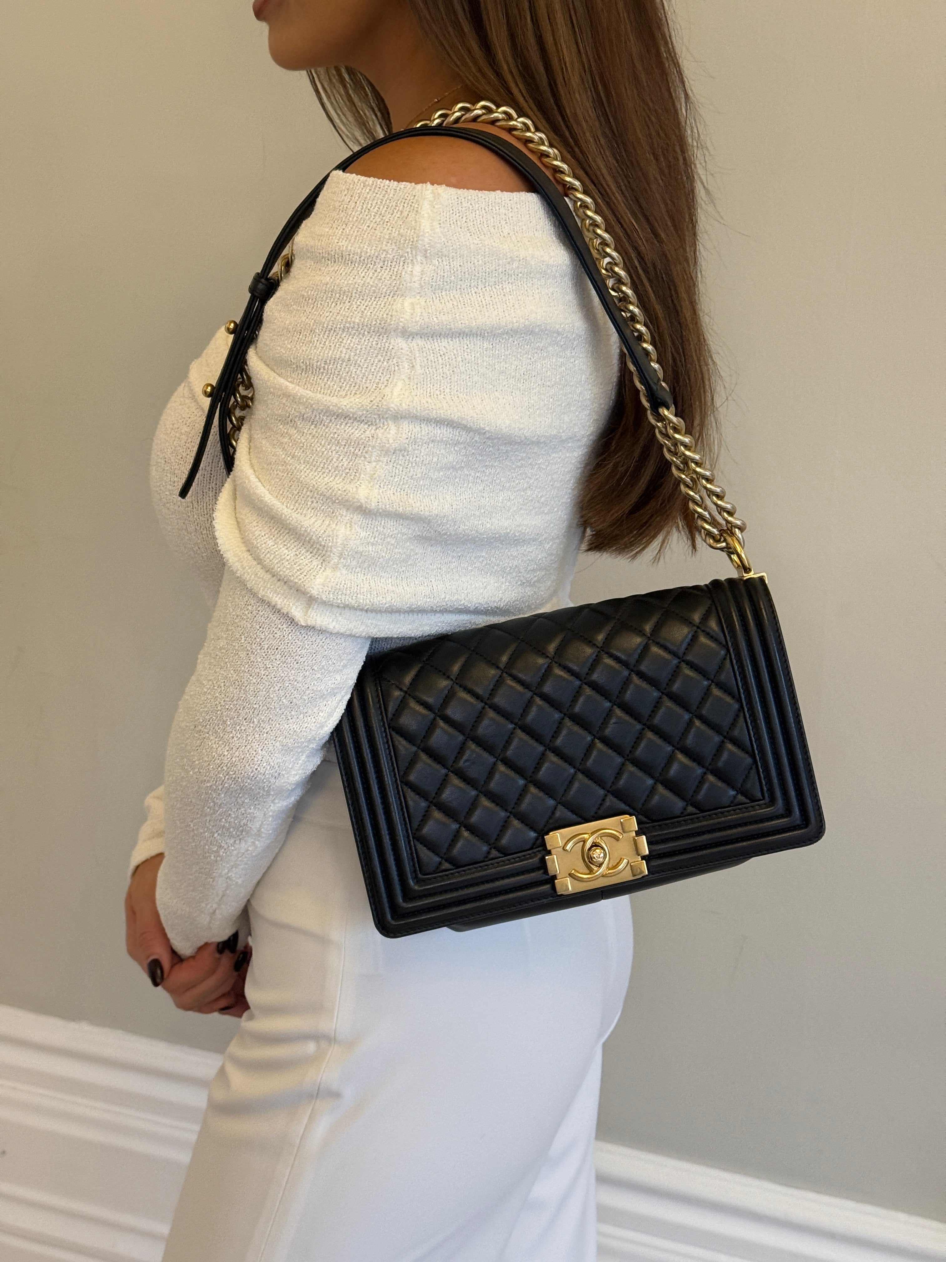 Chanel Boy Bag Medium In Black Lambskin Leather With Gold Hardware 
Pre Loved & Authentic 