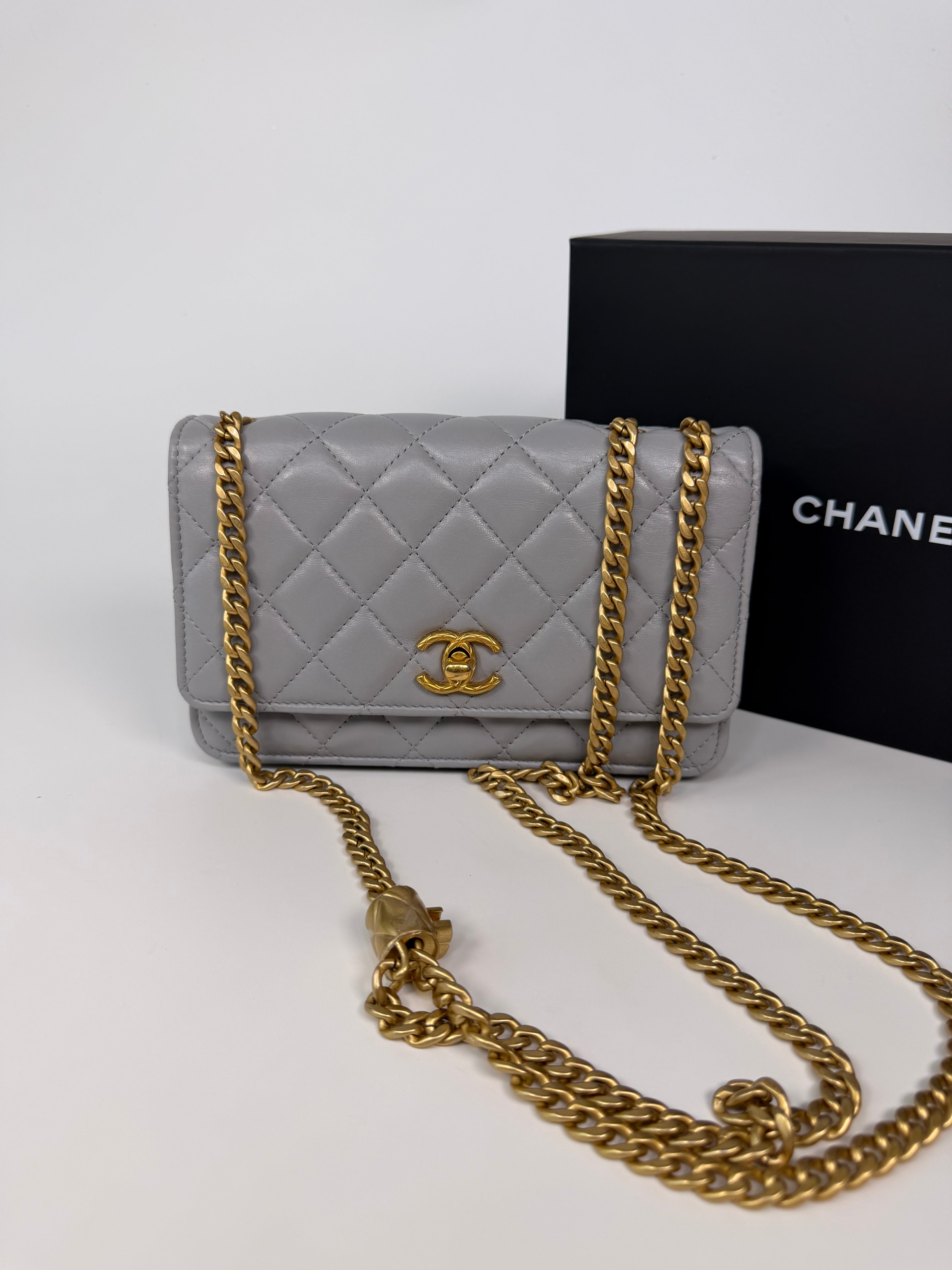 Chanel Pearl Crush Wallet On Chain In Grey Lambskin Leather With Gold Hardware