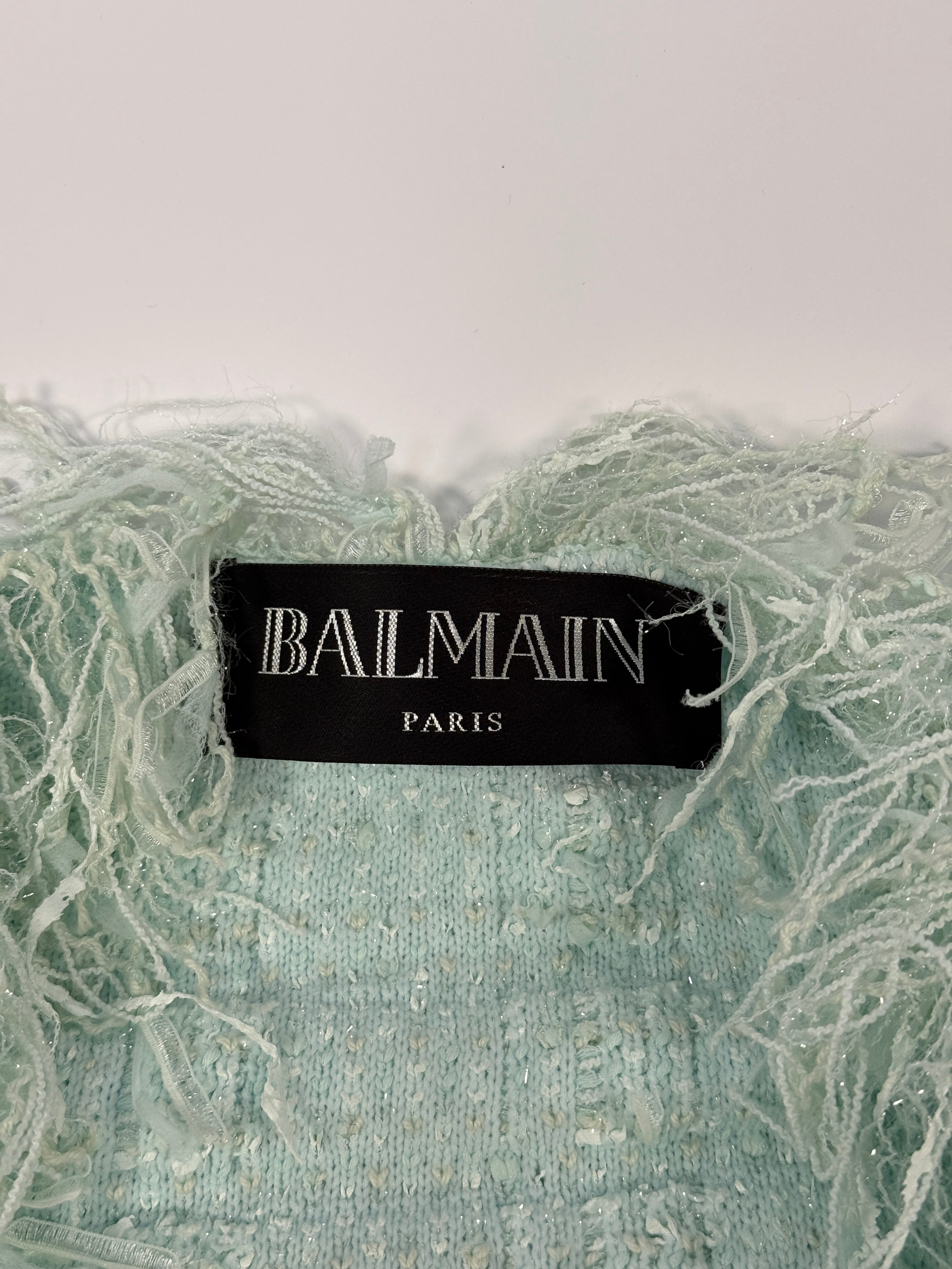 Balmain Fringe Dip Dye Tweed Jacket In Turquoise (Size34/UK6)