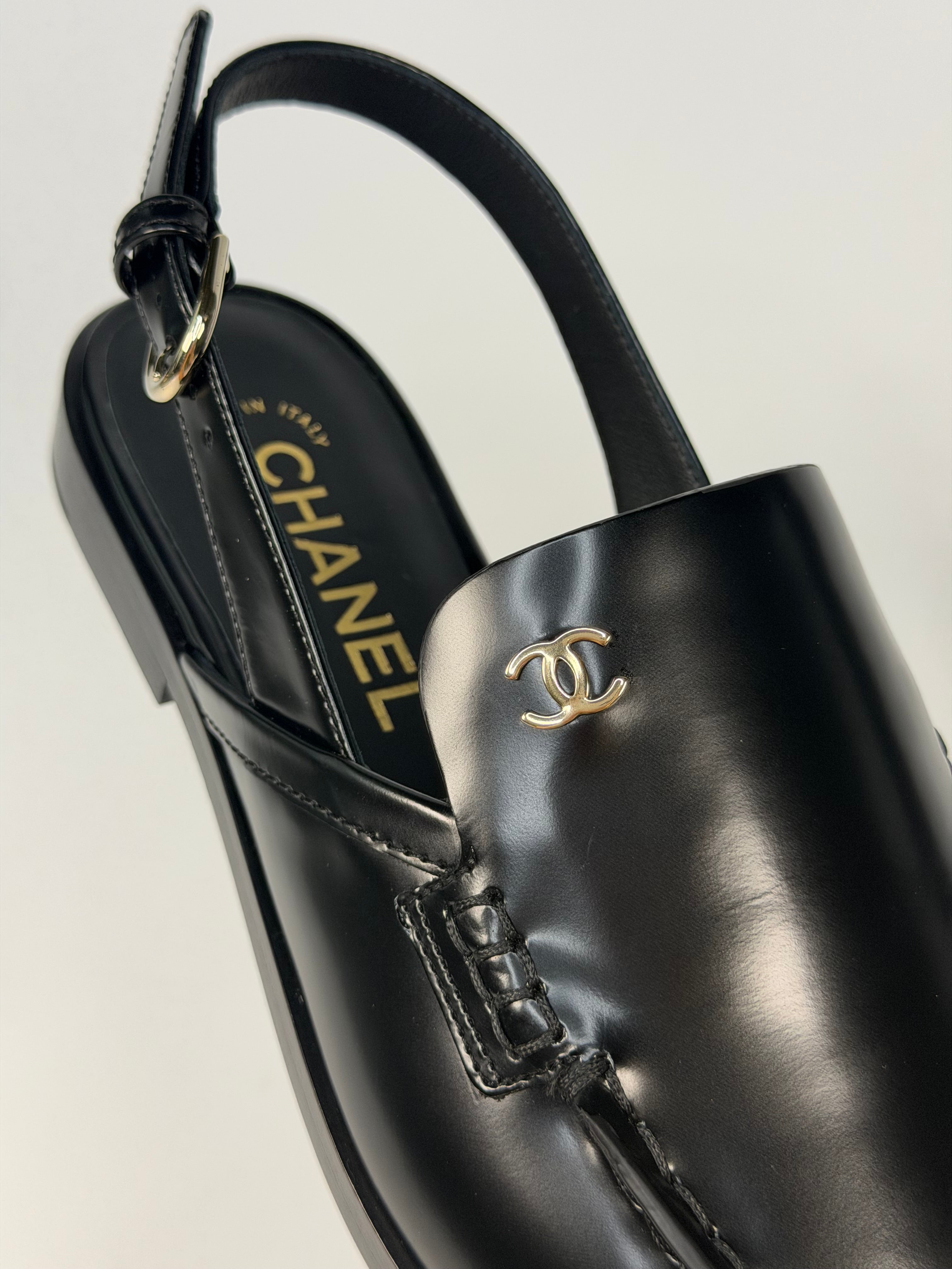 Chanel Spring/Summer Slingback In Black Shiny Calfskin (Size 38.5). Authentic and preloved in new/unused condition. verified by luxe cheshire. insured next day delivery