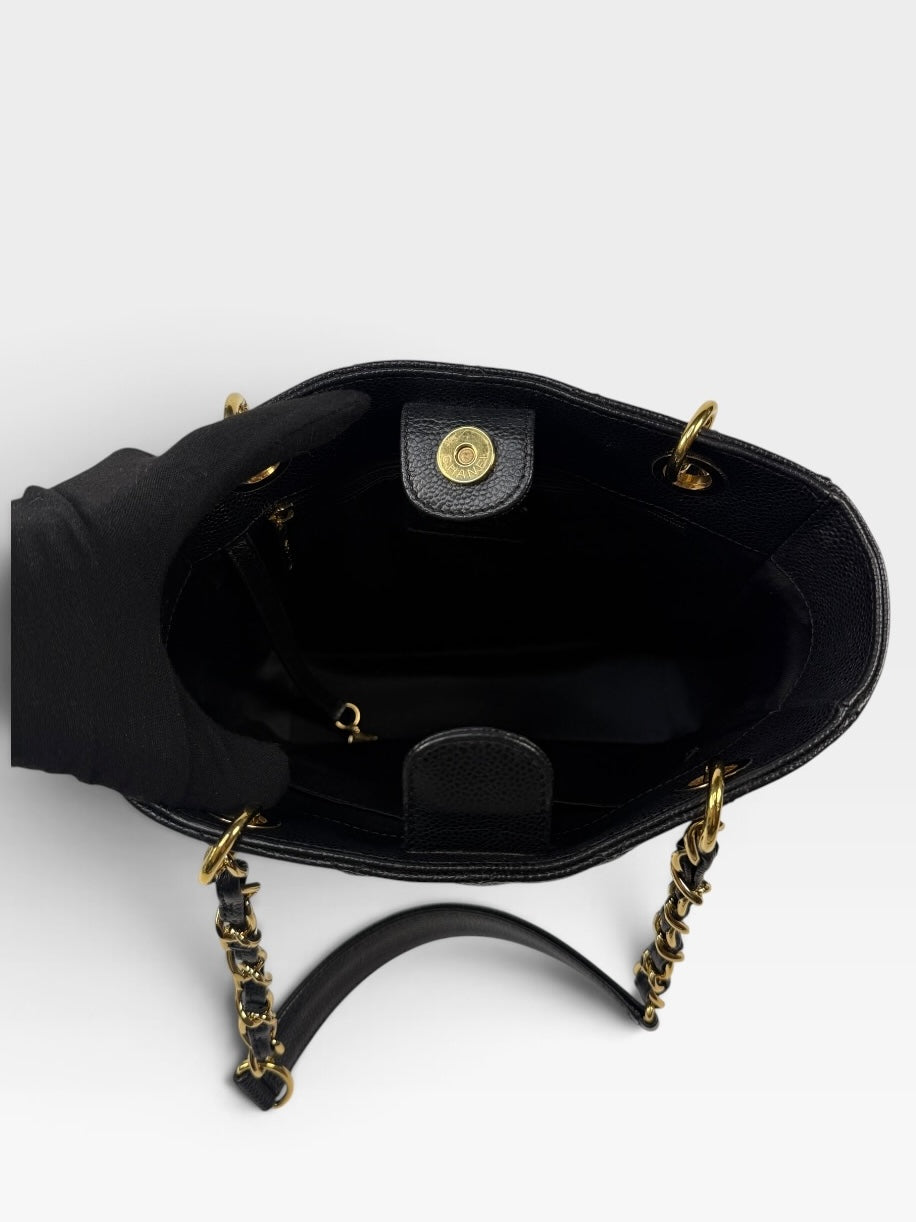 Chanel Petite Shopper Tote In Black Caviar Leather With Gold Hardware. 100% authentic and preloved in excellent condition