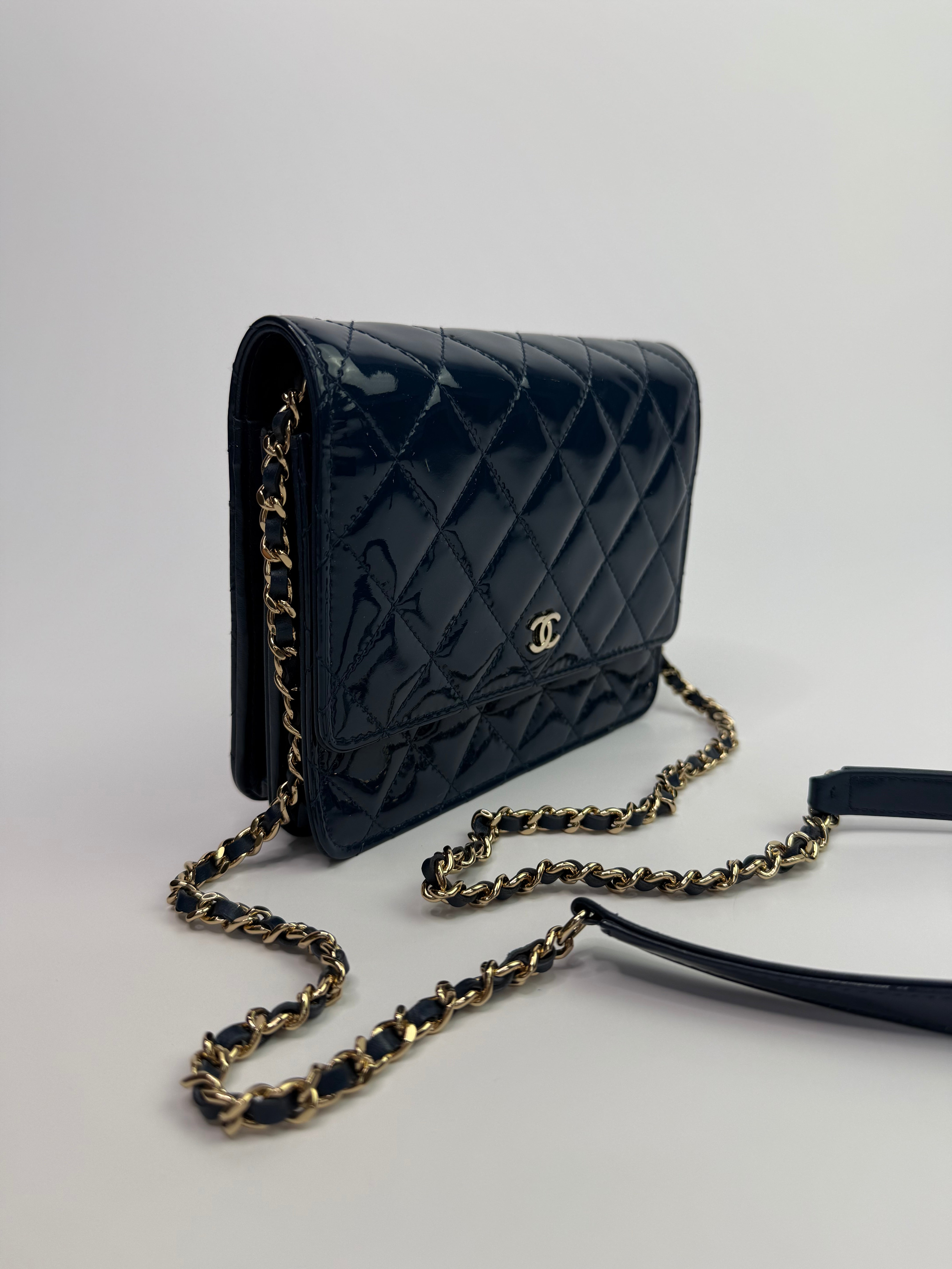 Chanel Square Wallet On Chain In Patent Navy Leather GHW