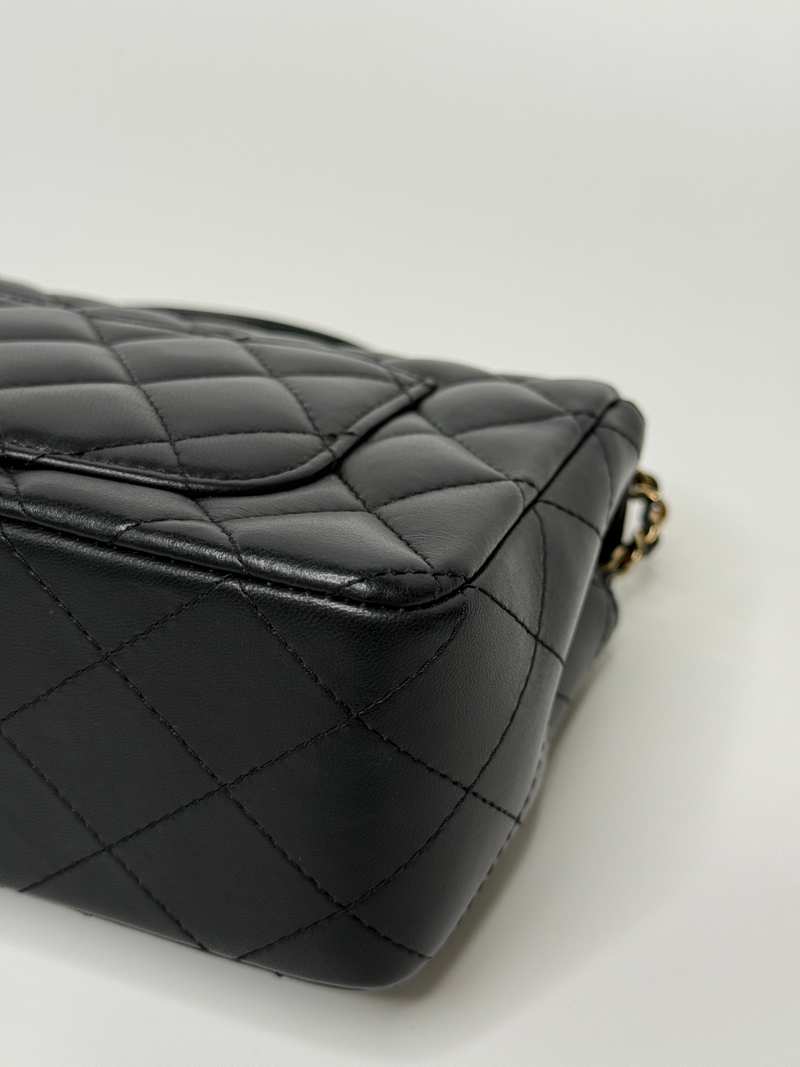 Chanel Mini Rectangle Top Handle Flap Bag In Black Lambskin With Pale Gold Hardware