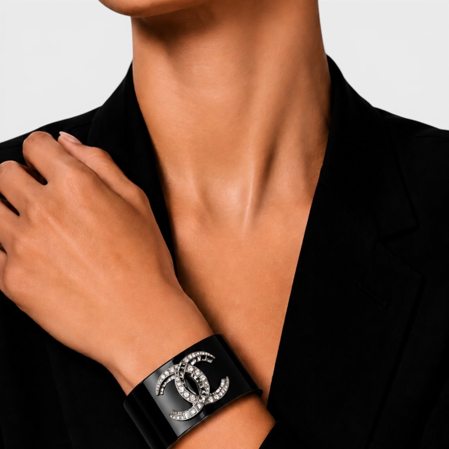 Chanel CC Cuff In Black Enamel With Rhinestones