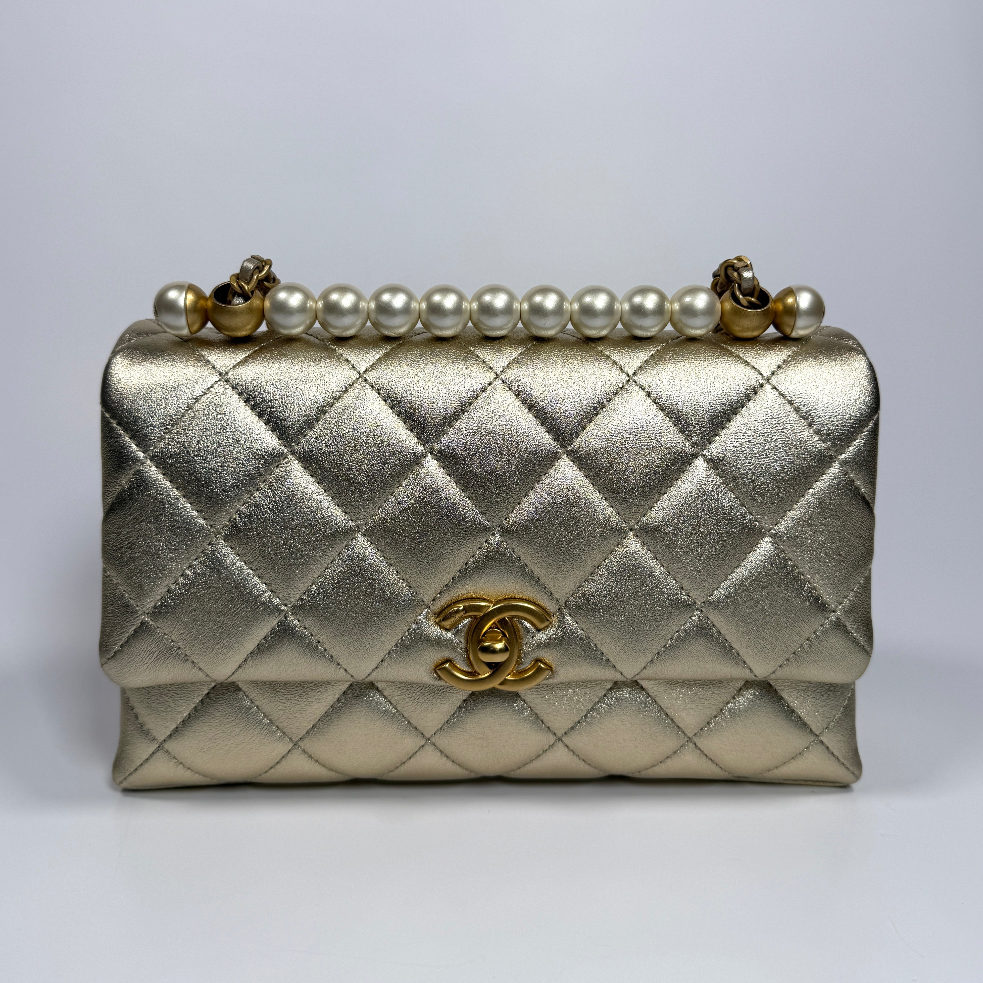 Chanel Mini Pearl Top Handle Flap Bag Metallic Gold Lambskin With Gold Hardware Pre Loved Authentic 