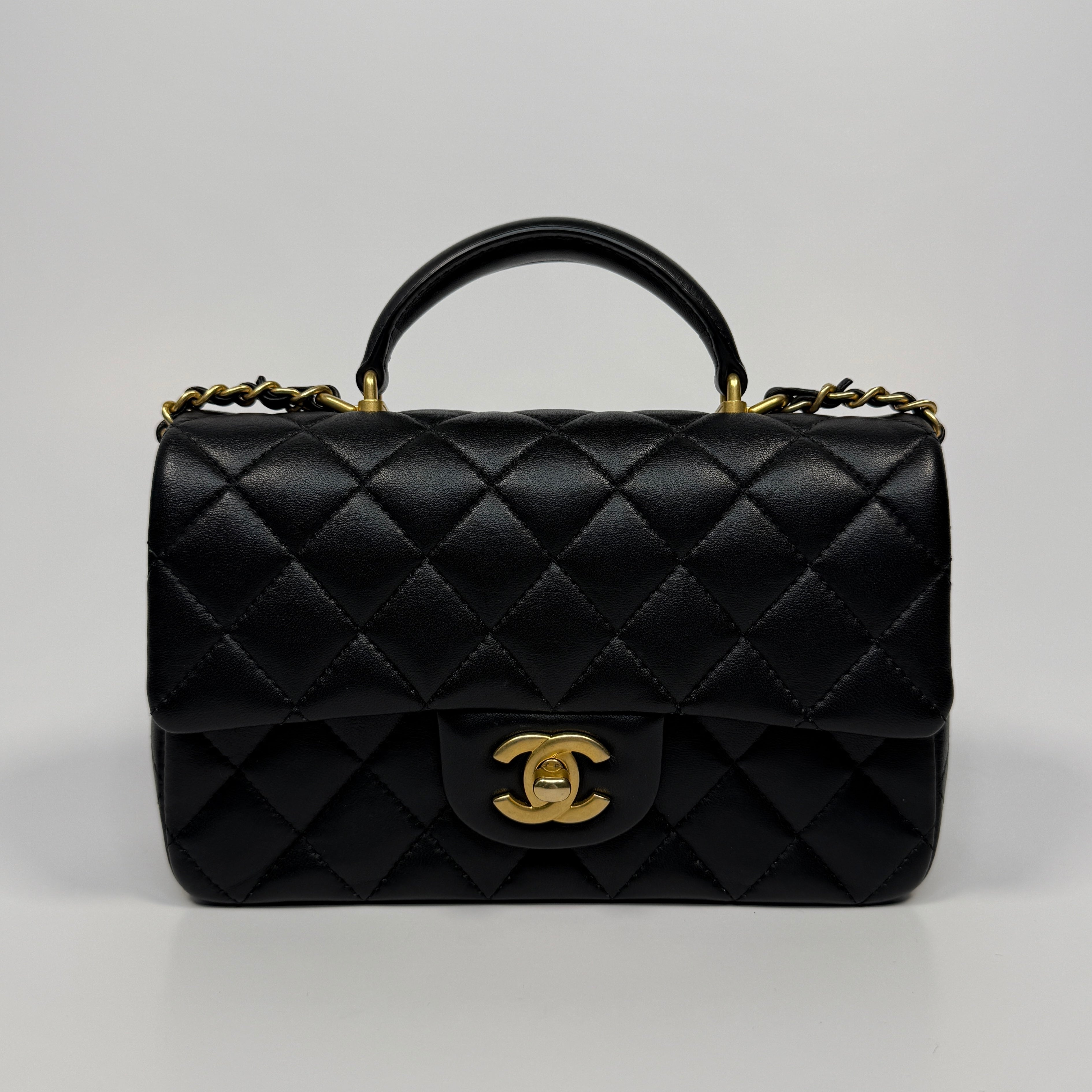 Chanel Mini Rectangle Top Handle Flap Bag In Black Lambskin With GHW