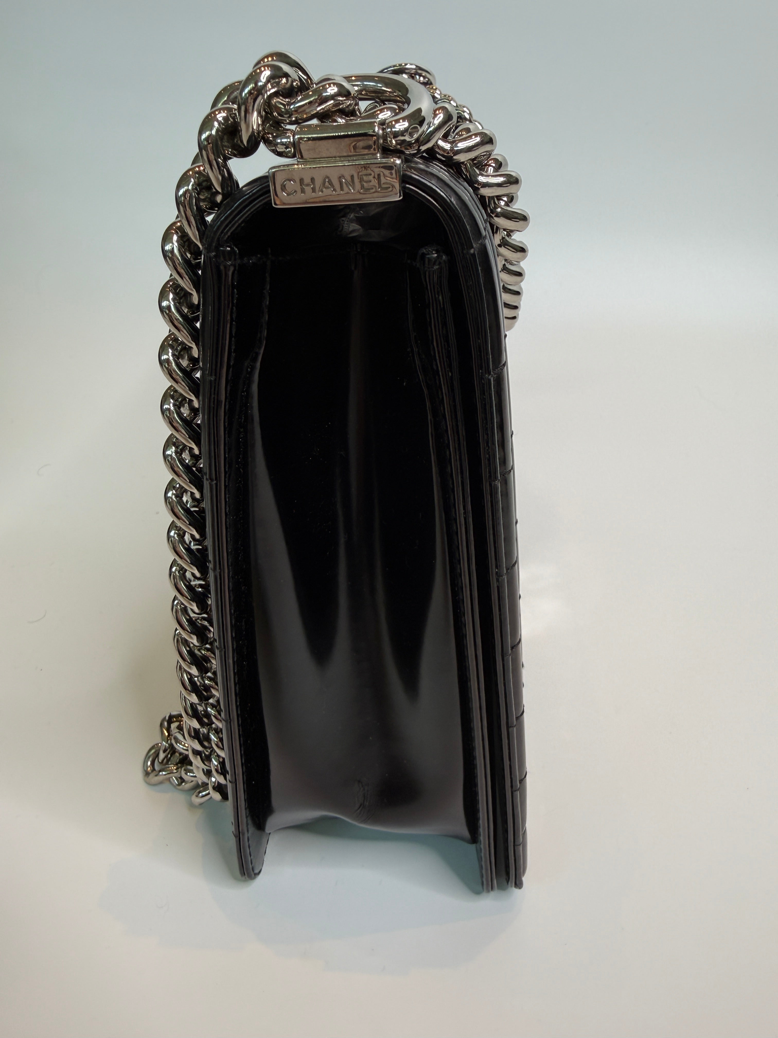 Authentic Pre Loved Chanel Large Boy Bag In Black Patent Leather With Silver Hardware