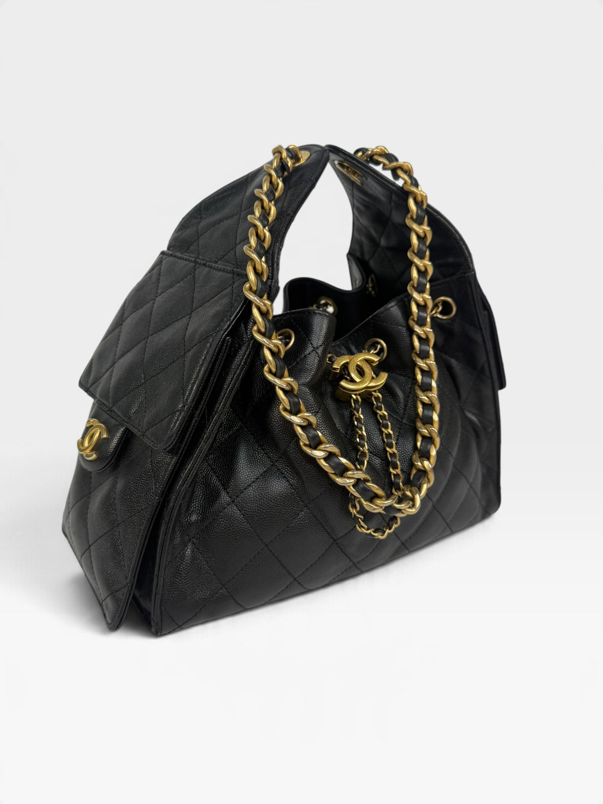 Chanel 25 Small In Black Caviar Leather With Aged Gold Hardware. 100% authentic and preloved in excellent condition