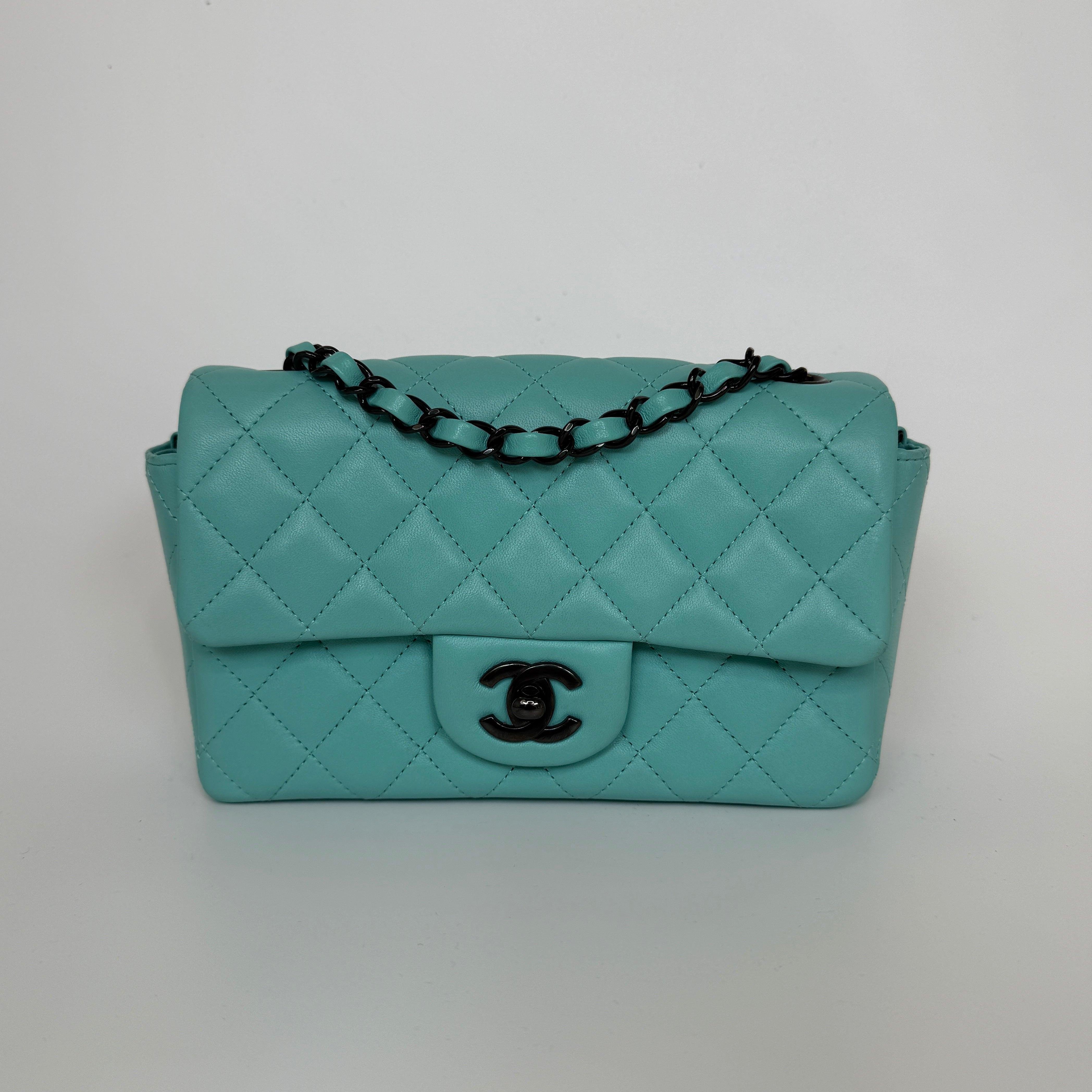 Chanel Mini Rectangle Flap Bag In Turquoise Lambskin Leather With Gunmetal Hardware