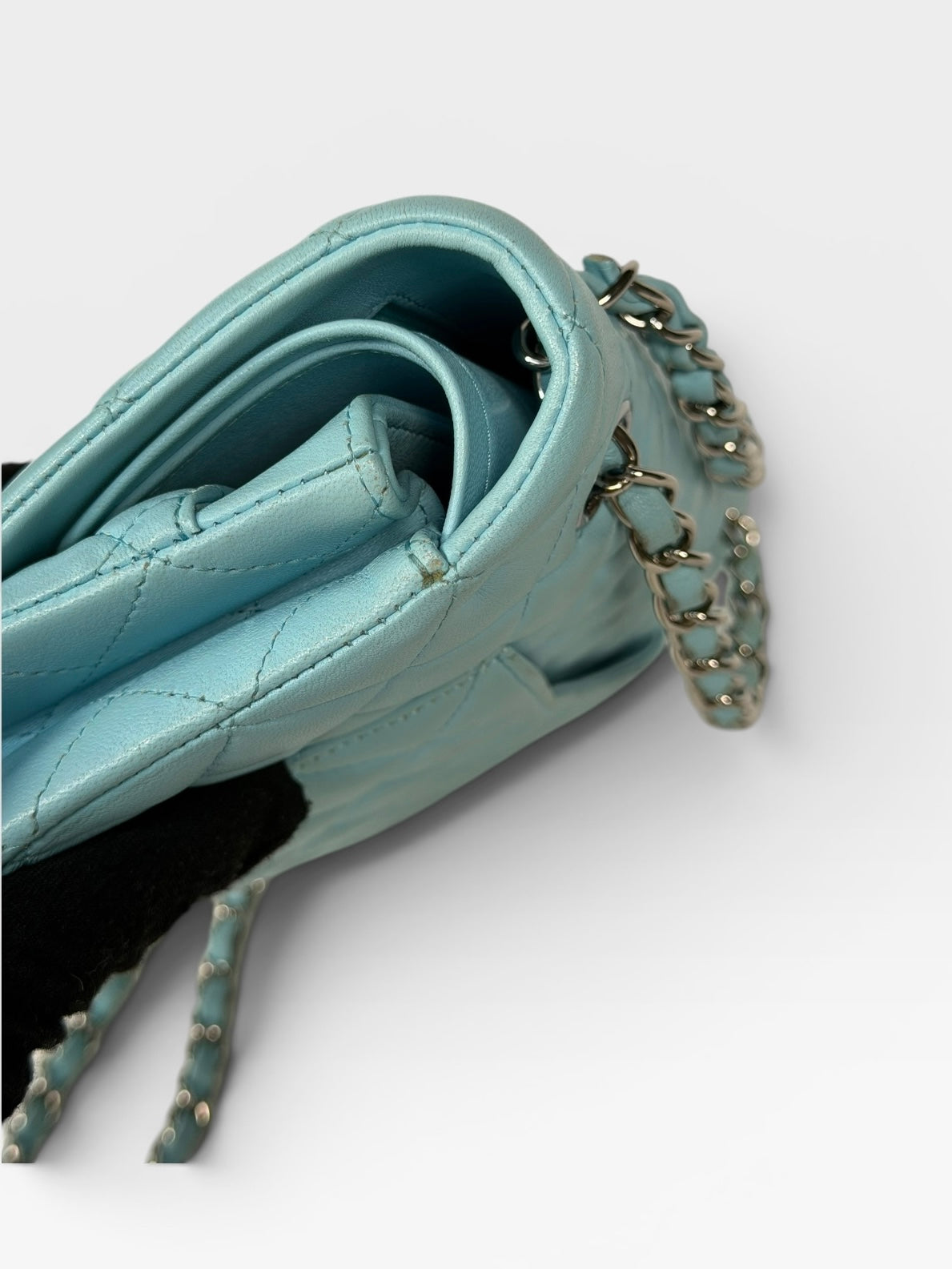 Chanel Medium Double Classic Flap Light Blue Silver Hardware. Authentic and preloved in good condition.