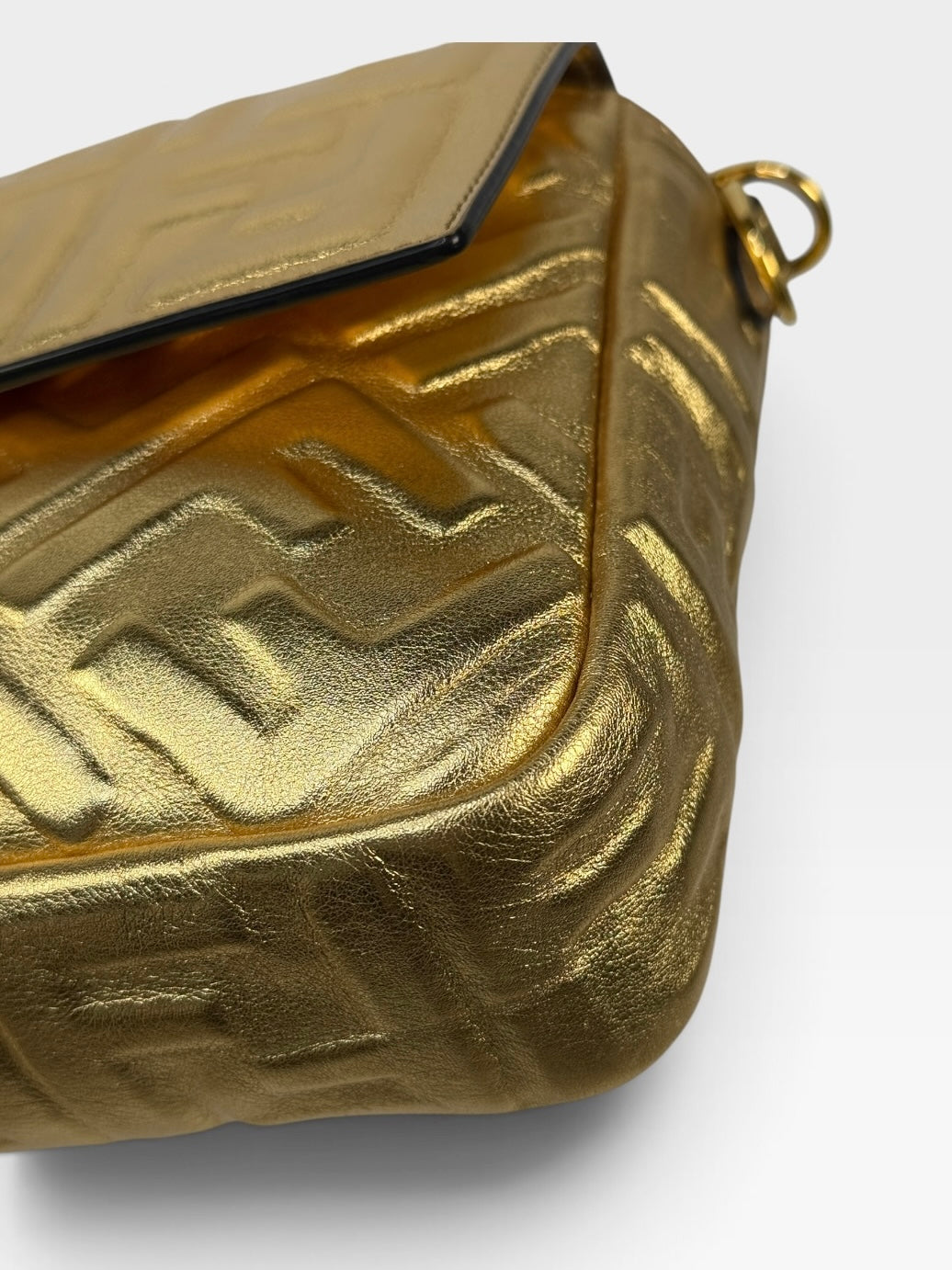 Fendi Large Baguette In Gold Leather Monogram With Gold Hardware. 100% authentic and preloved in excellent condition