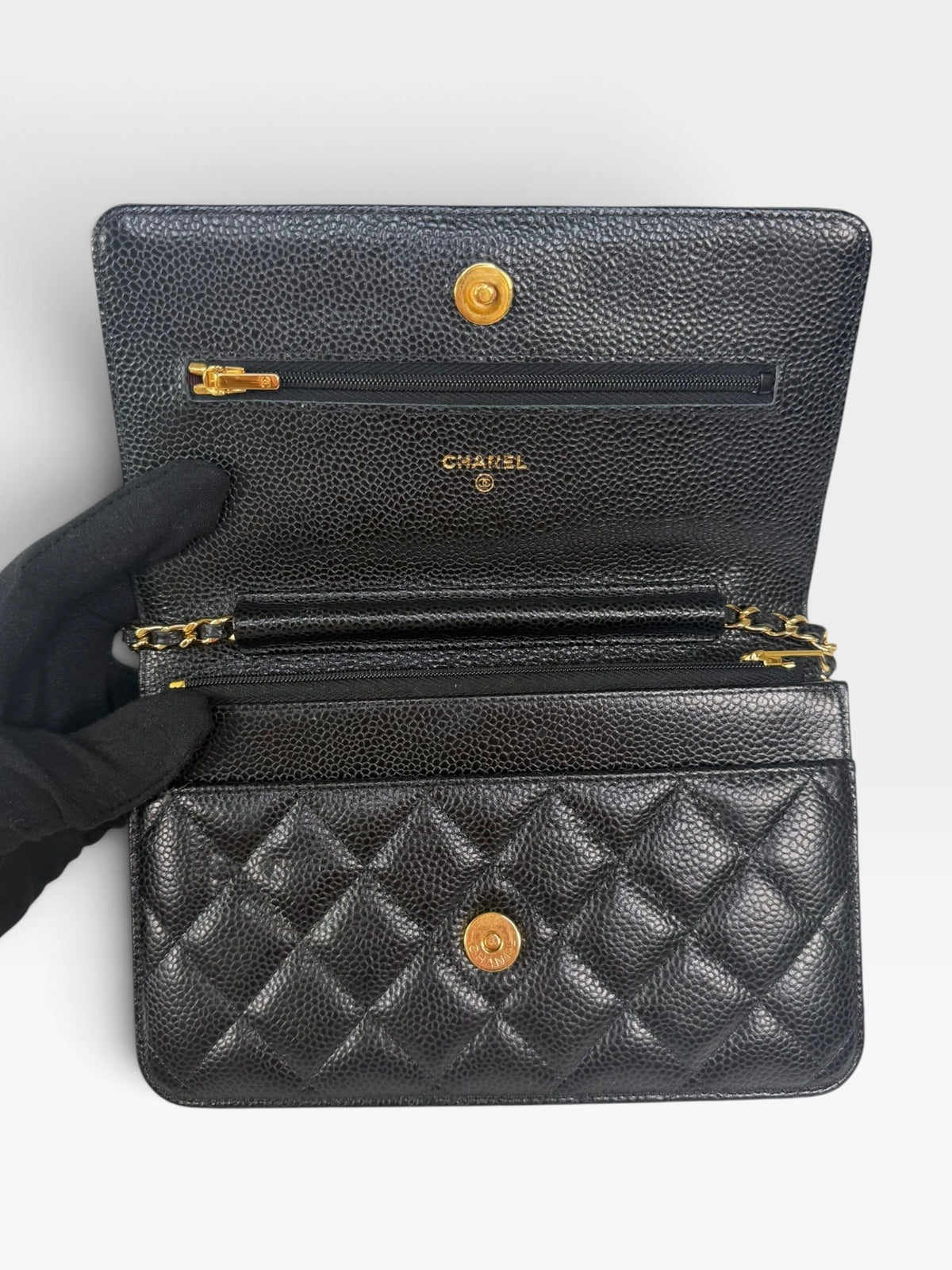 Chanel Wallet On Chain In Black Caviar Leather With Gold Hardware. Authentic and preloved in excellent condition. 100% guarantee