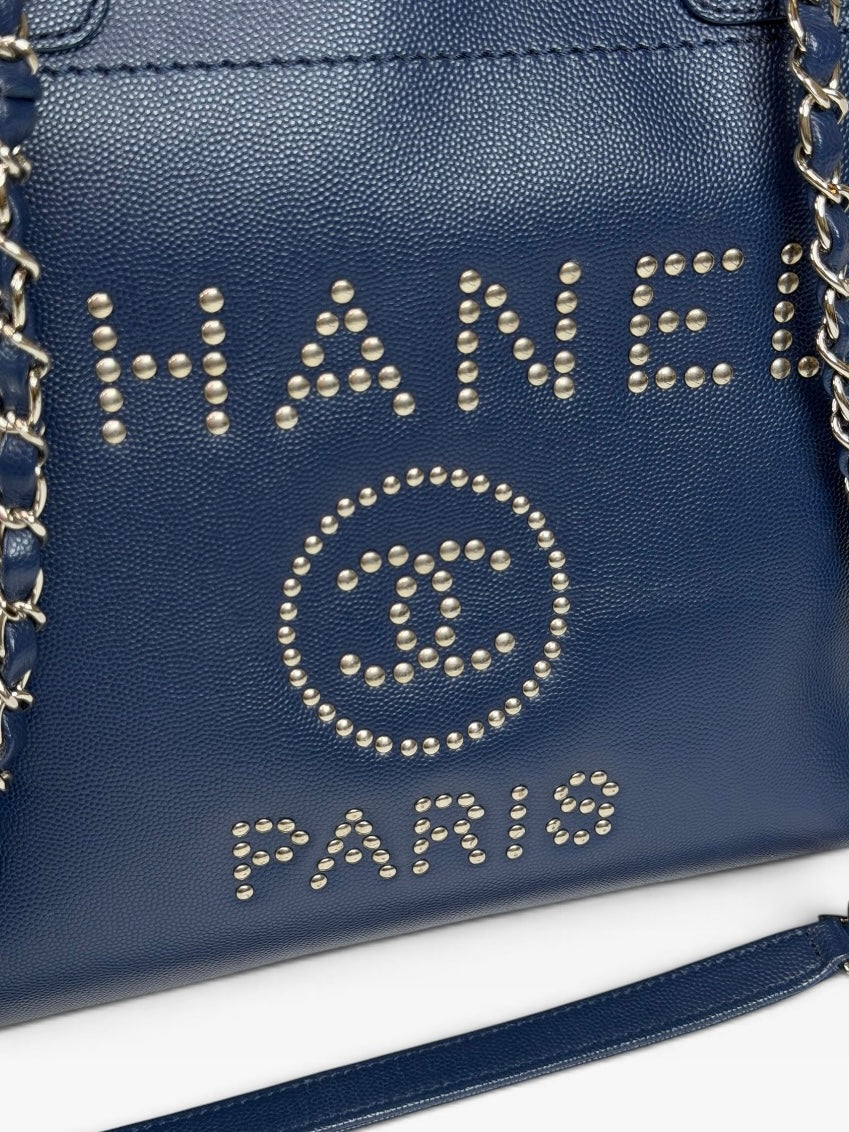 Chanel Medium Deauville In Blue Leather With Silver Hardware. Authentic and preloved in very good condition. 100% Luxe guarantee 