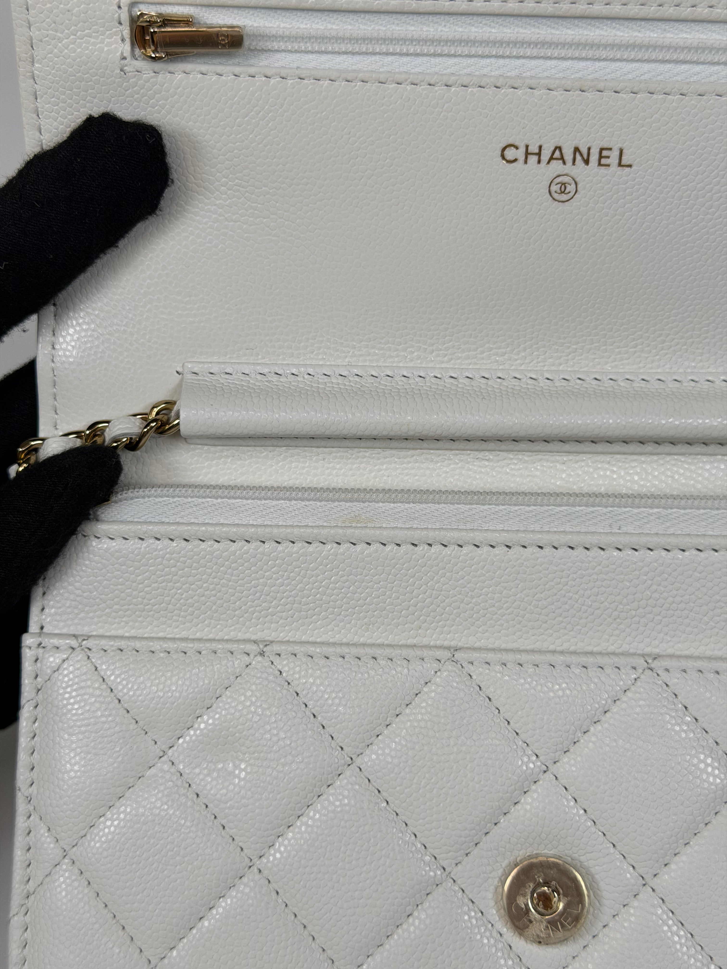 Chanel Wallet On Chain In White Caviar Leather With Pale Gold Hardware