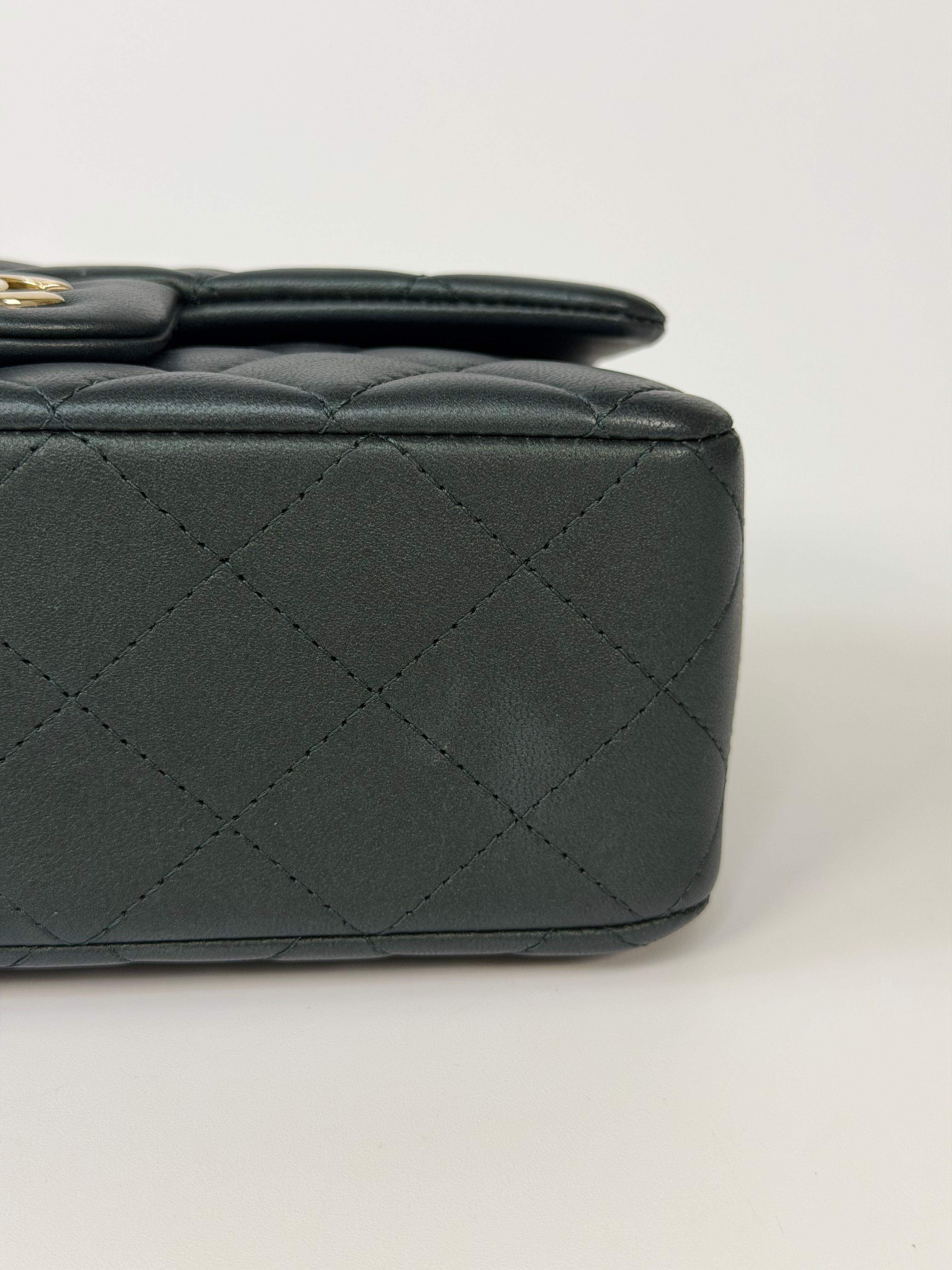 Chanel Mini Rectangle Top Handle In Metallic Green Lambskin Leather Gold Hardware. 100% authentic and preloved in excellent condition.
