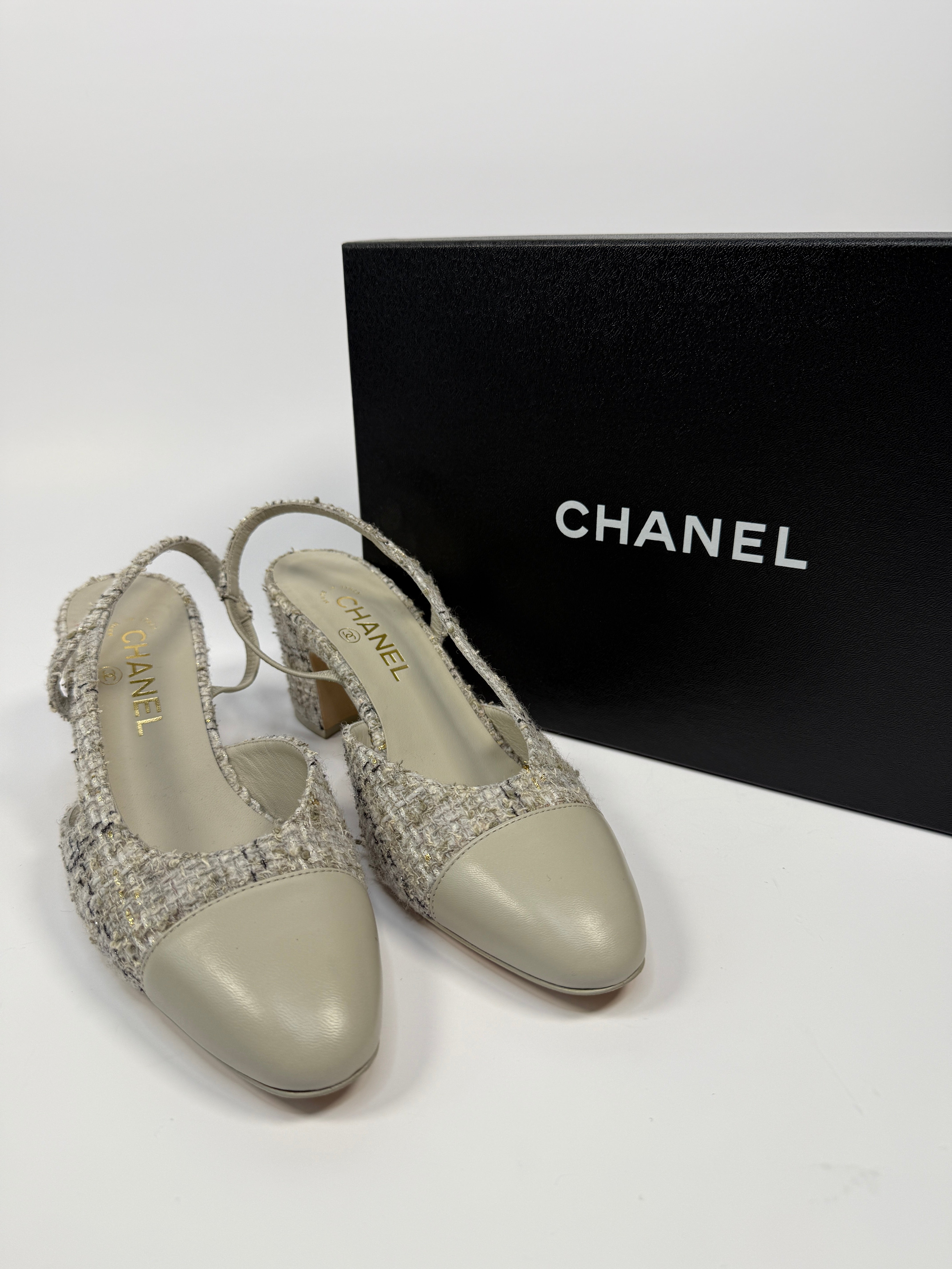 Chanel Tweed Slingback Pumps Size 39/UK 6, authentic and preloved in excellent condition