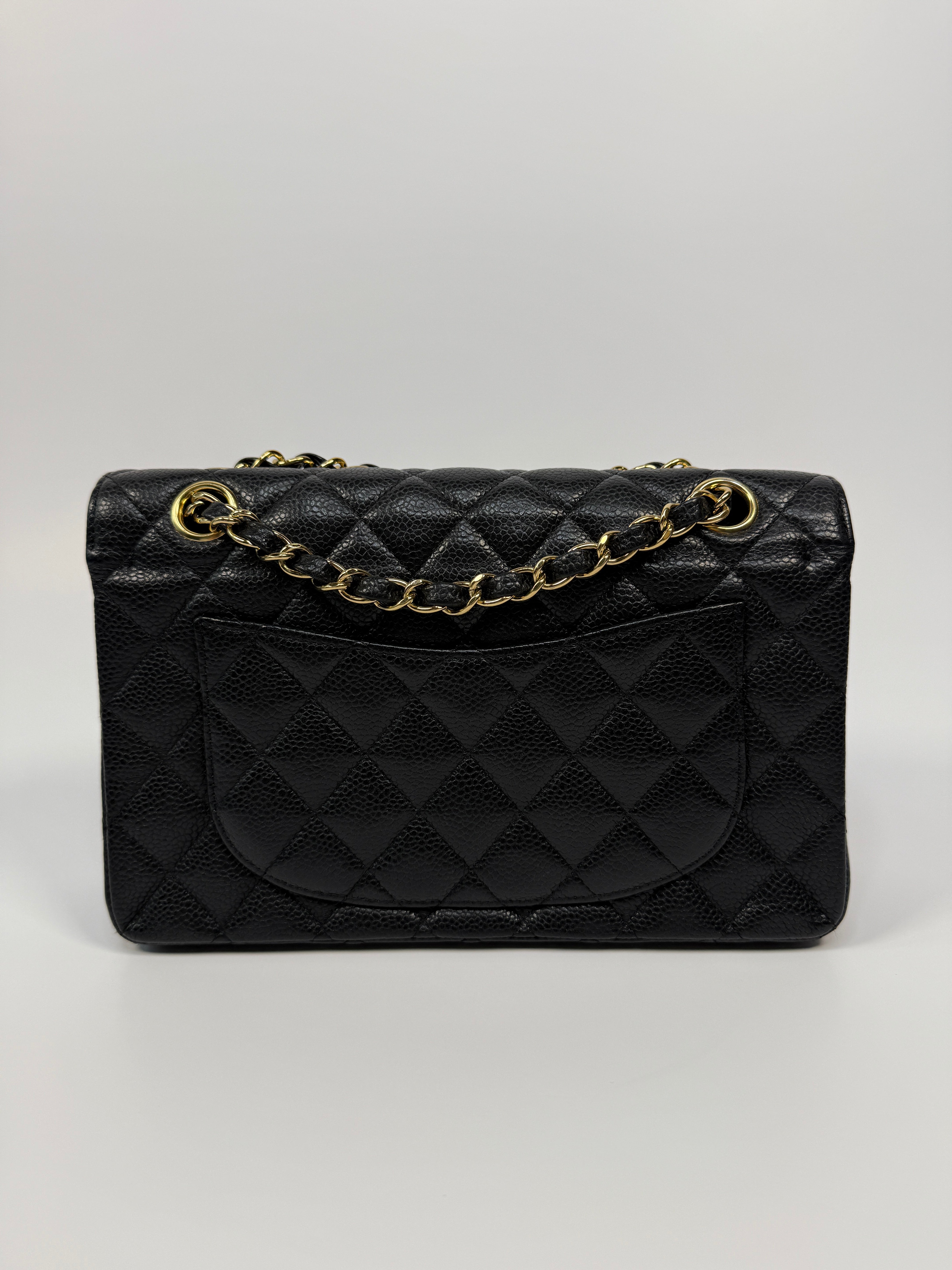 Chanel Small Vintage Classic Double Flap In Black Caviar Leather With Gold Hardware, Authentic And Preloved In Excellent Condition