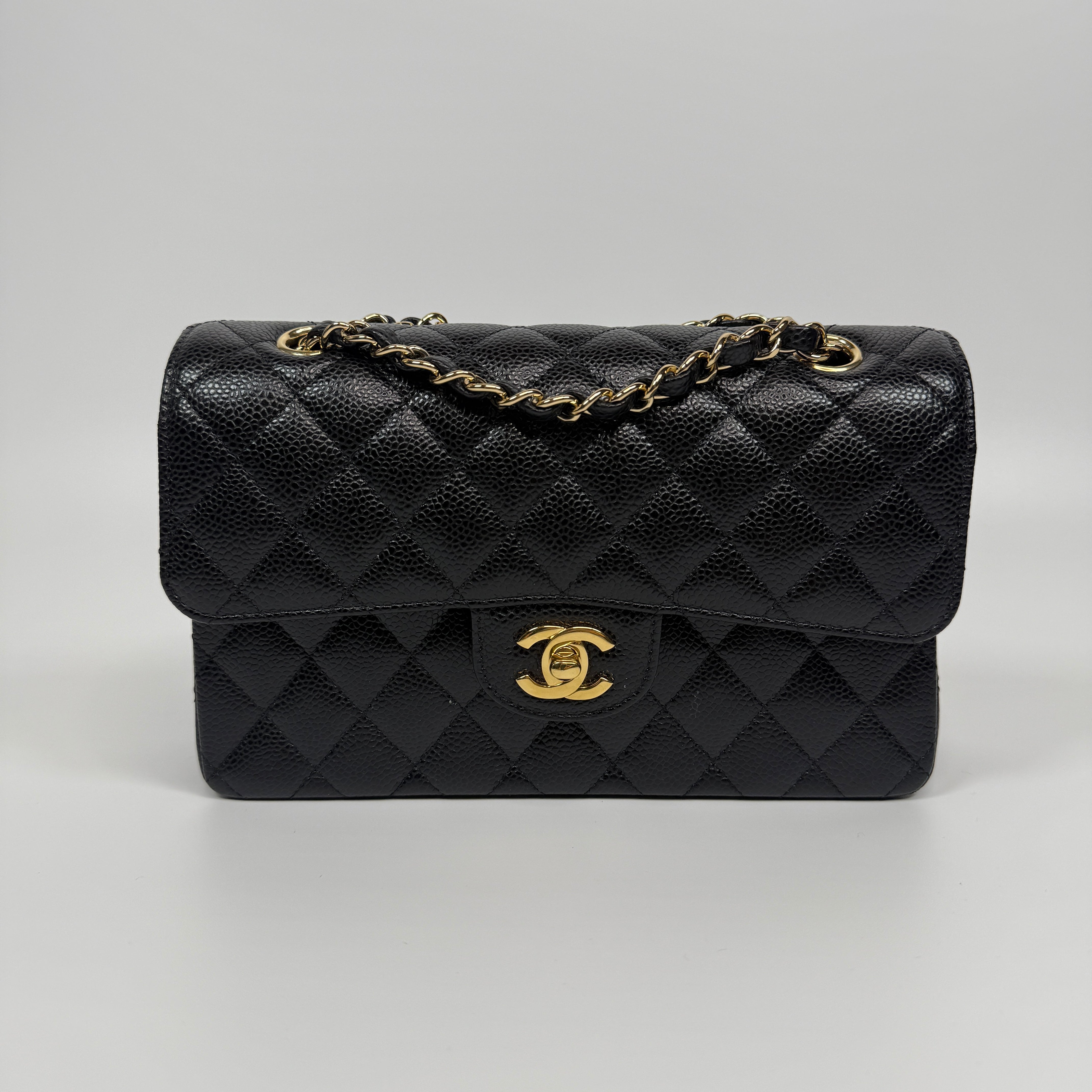 Chanel Small Classic Double Flap In Black Caviar Leather With Gold Hardware Authentic and Preloved In Excellent Condition. 100% Authenticity guarantee 