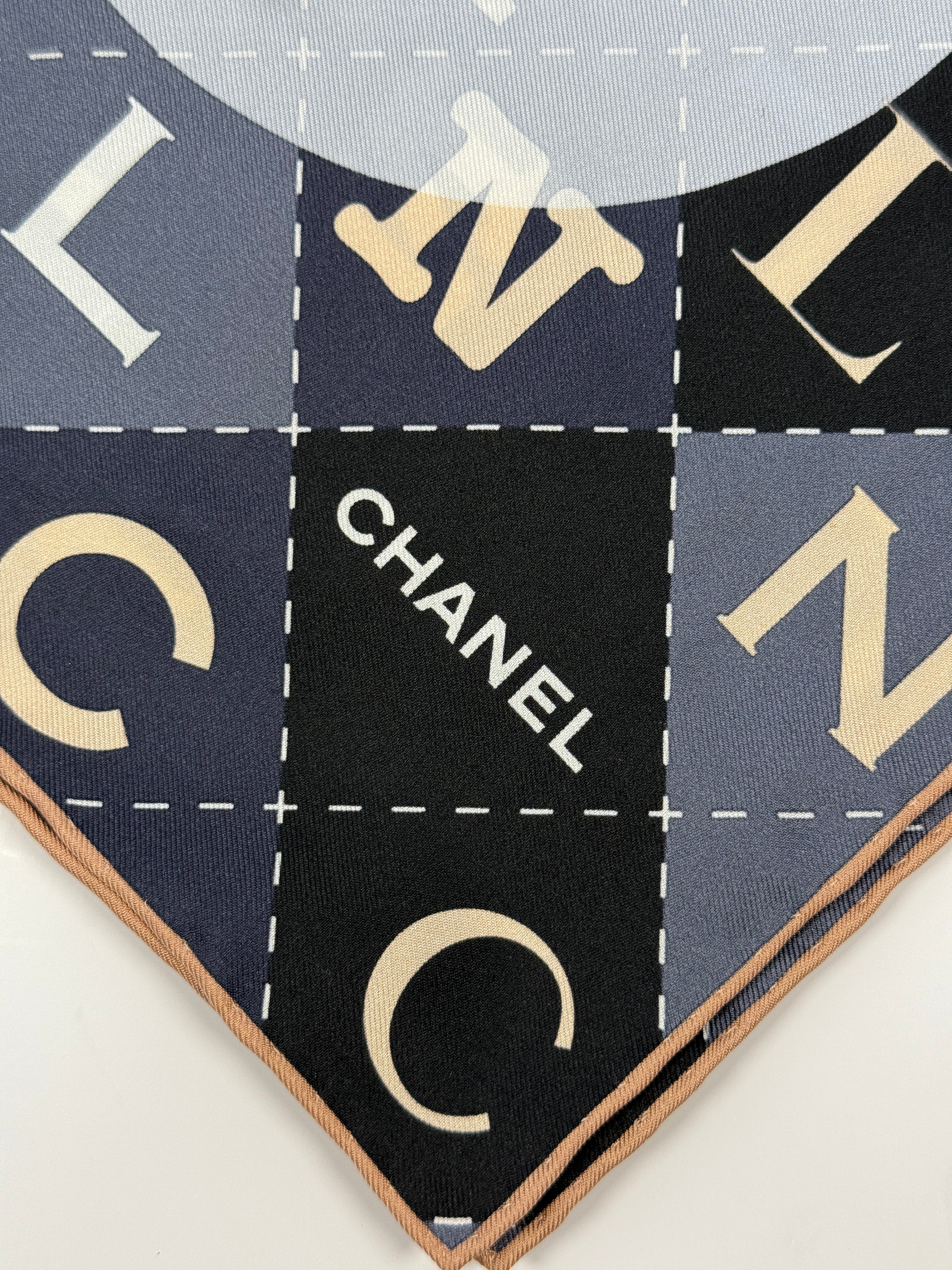 Chanel Silk CC Scarf In Navy And Nude Monogram, Authentic And Preloved In Excellent Condition