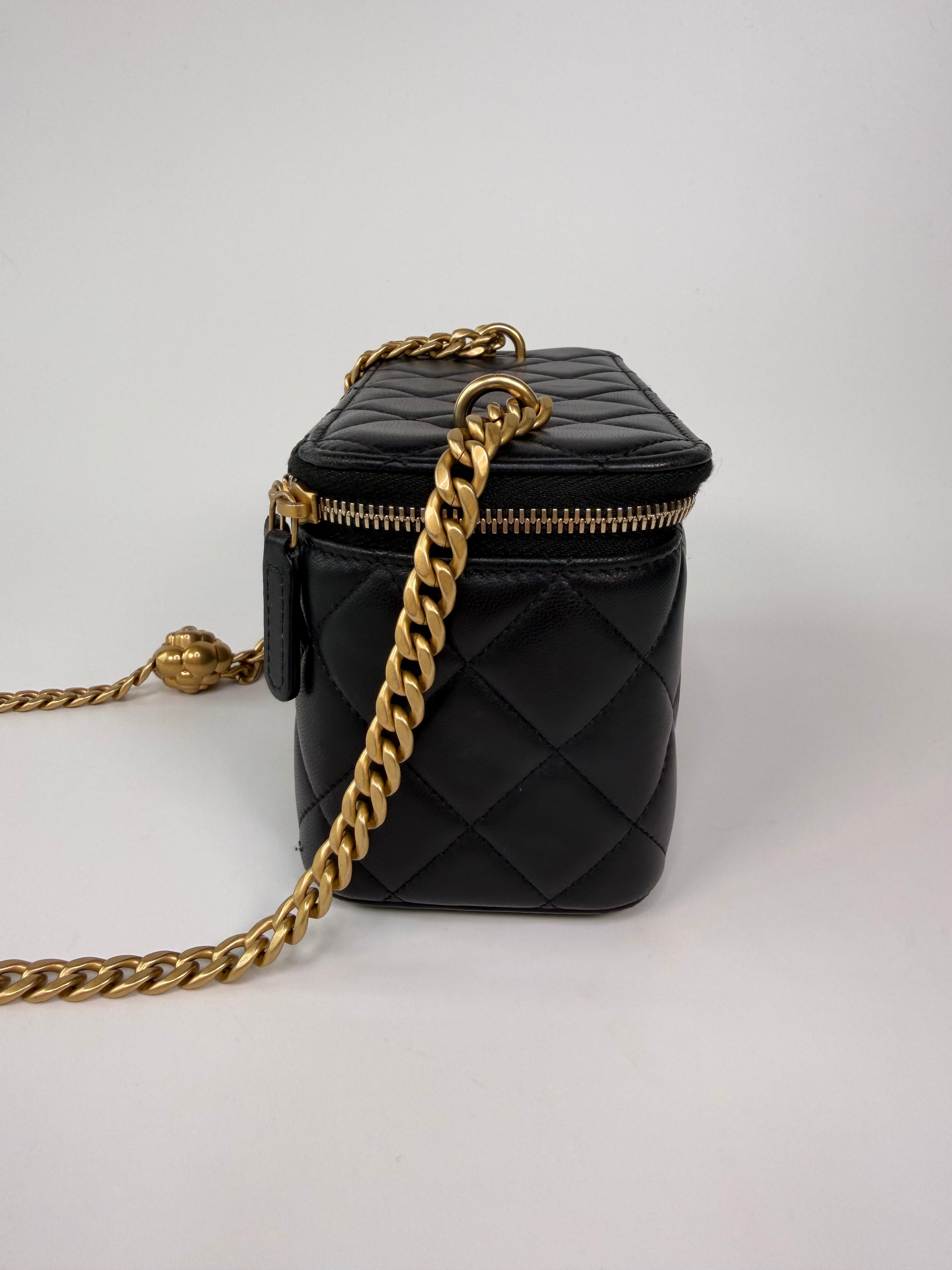 Chanel Quilted Pearl Crush Mini Vanity In Black Lambskin Leather With Gold Hardware